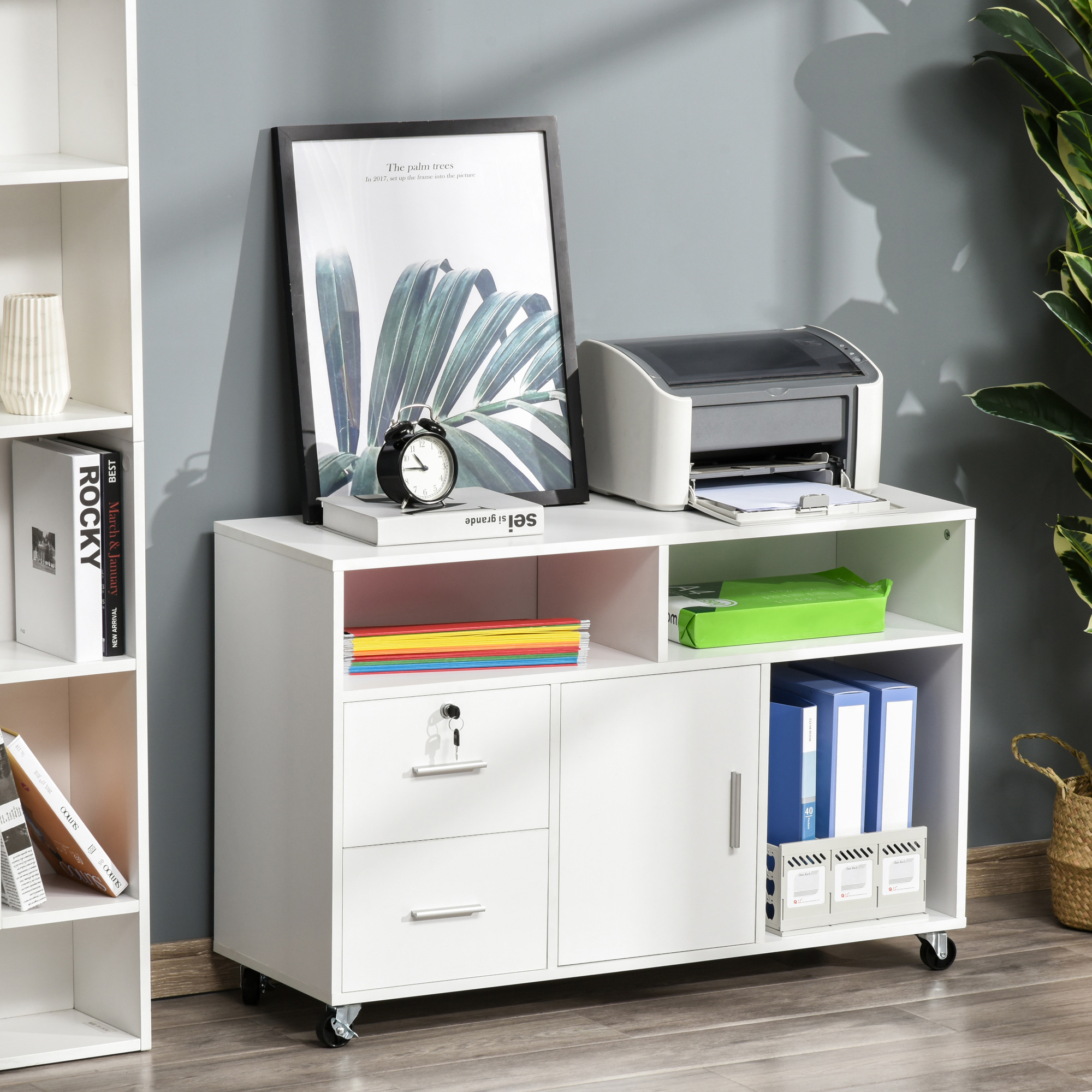 HOMCOM Bürocontainer mit Rollen, Aktenschrank, Büroschrank, Sideboard, Badezimmerschrank für Büro, Küche, Schlafzimmer, Wohnzimmer Spanplatte, Weiß, 100 x 35 x 65 cm