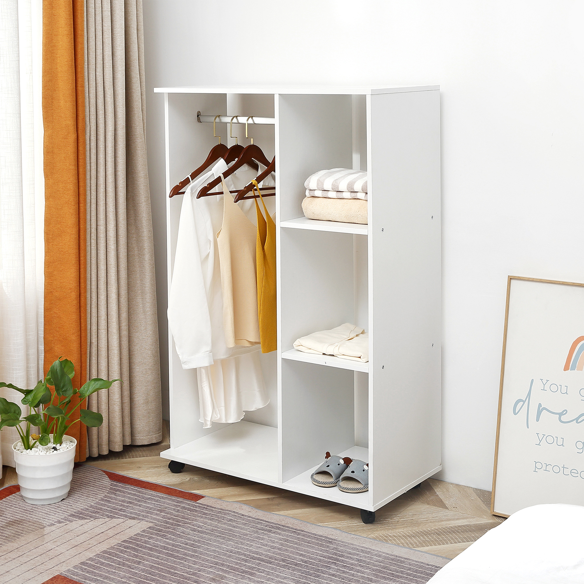 HOMCOM Kleiderschrank auf Rollen, mobile Garderobe, Garderobenschrank, Rollbarer Kleiderständer, 80 x 40 x 128 cm, Weiß