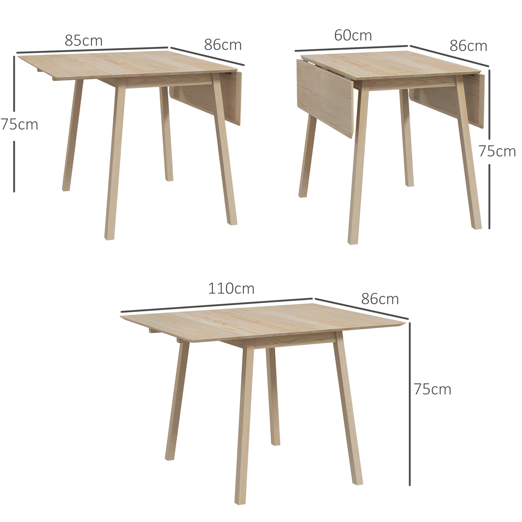 Eettafel Klaptafel Keukentafel, 2 inklapbare zijden, 110 x 86 x 75 cm, Naturel
