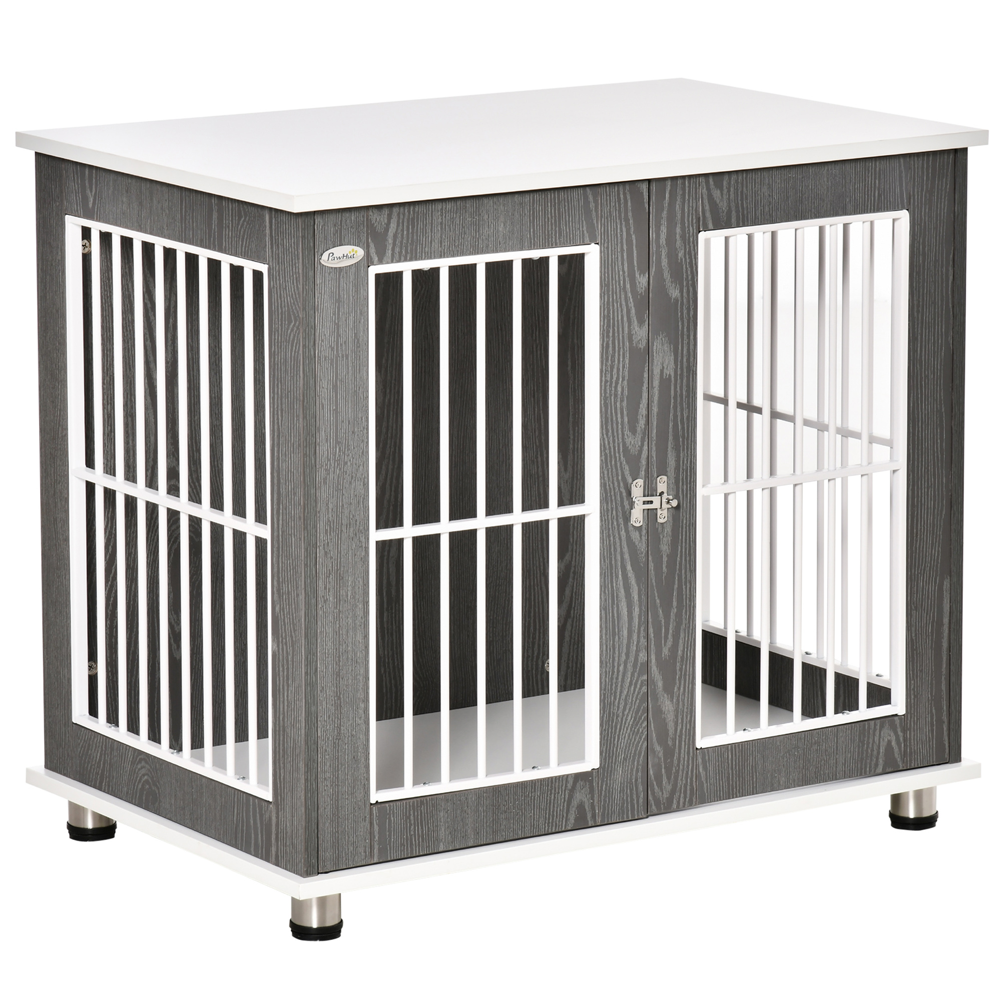 PawHut Transportbox für mittelgroße und kleine Hunde, verriegelbar Holzwerkstoff Stahl Grau + Weiß