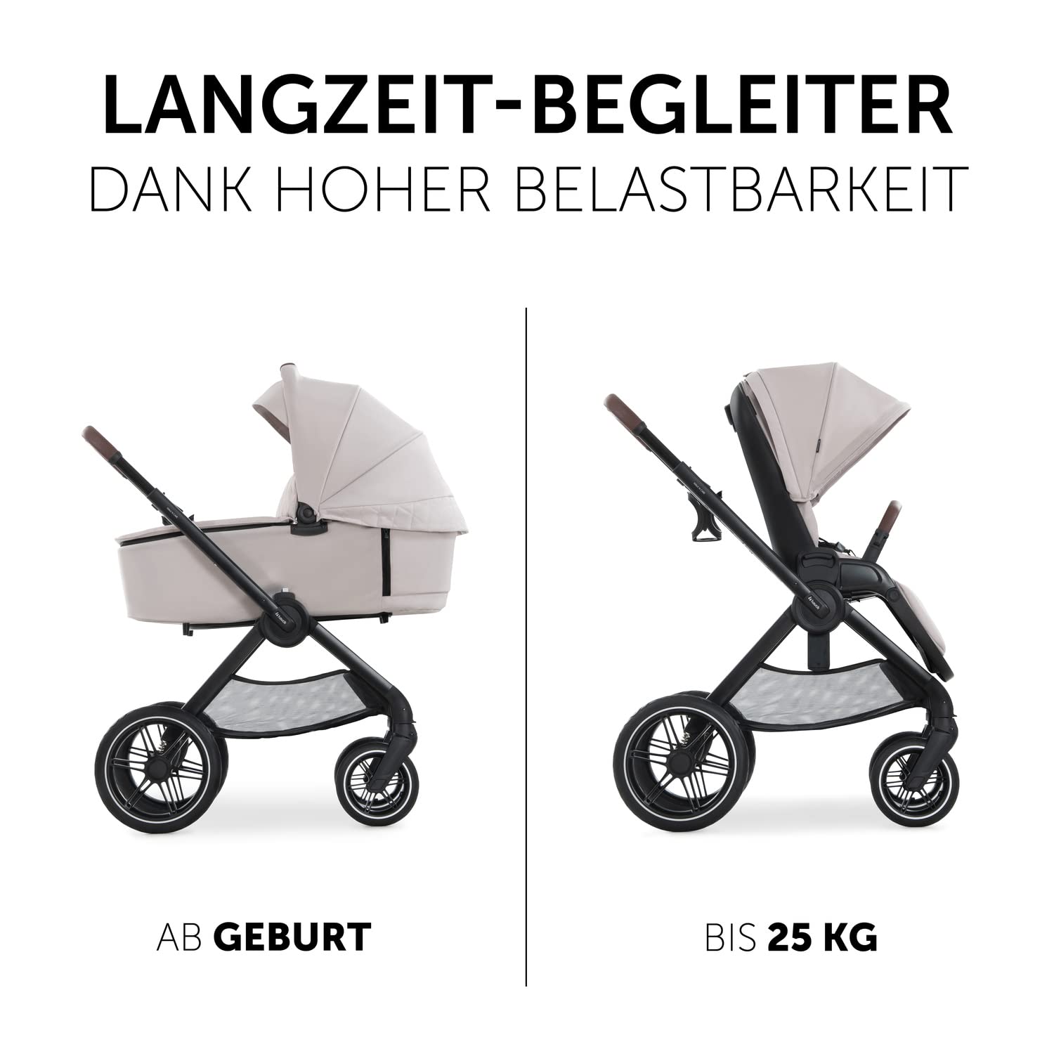 hauck 2in1 Kinderwagen mit Gummireifen Walk N Care Set ab Geburt bis 22 kg + 3 kg Korb, Wanne mit Memory-Knöpfen, Sitz mit Liegefunktion Wendbar Höhenverstellbar, Teleskopgriff, UPF 50+ (Beige)