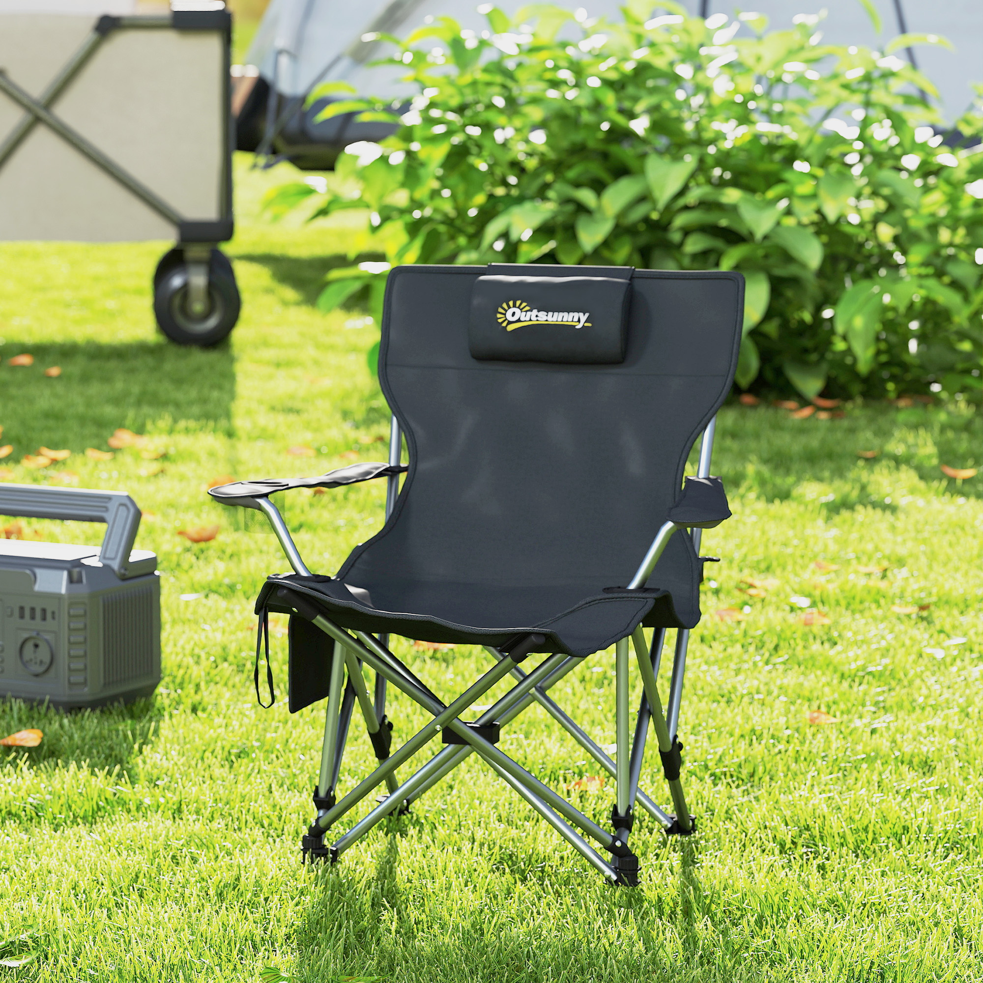 Outsunny Faltbarer Campingstuhl Angelstuhl mit abnehmbarem Fußteil, Kopfstütze, Getränkehalter, Transporttasche Schwarz