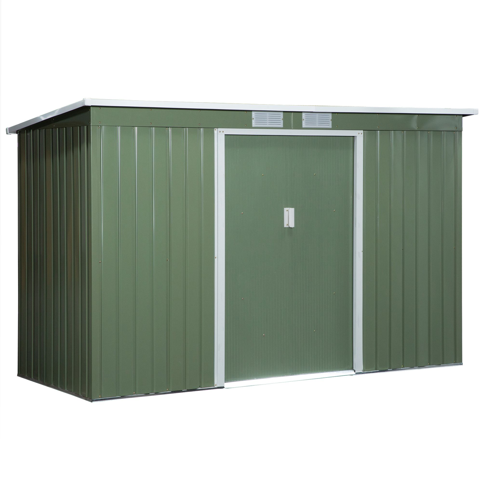 Outsunny Metall Gerätehaus 6,3m³ 280x130x172cm Geräteschuppen mit Pultdach Schiebetür wetterfest Gartenhaus Outdoor Garten Schuppen Schrank für Hinterhof Außenbereich Anthrazit, Hellgrün