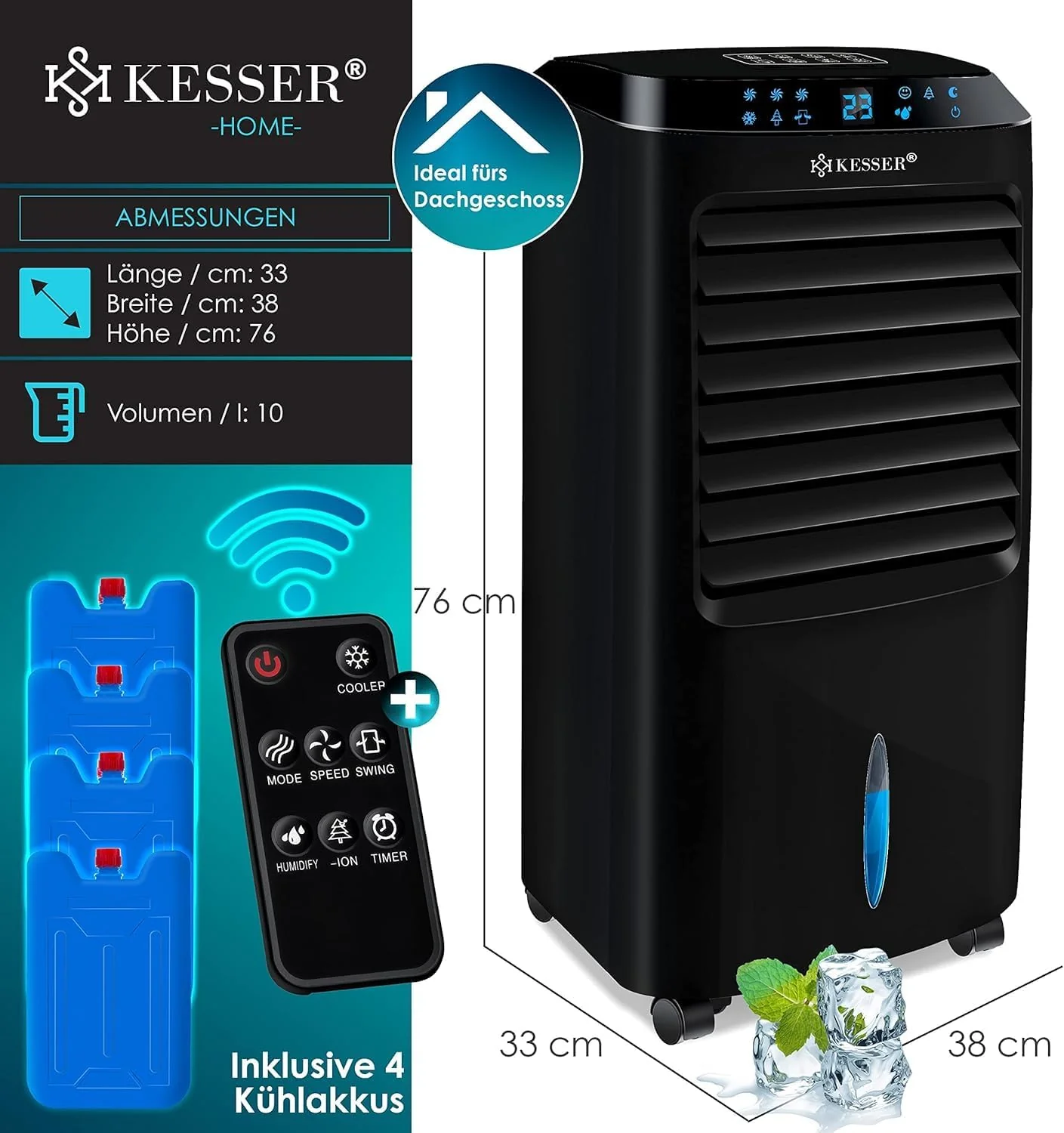 KESSER 4-in-1 Mobiele Airco | Afstandsbediening | Klimaatregelaar | Ventilator Airconditioning | Timer | 3 Niveaus | Ionisator Luchtbevochtiger | Luchtkoeler |