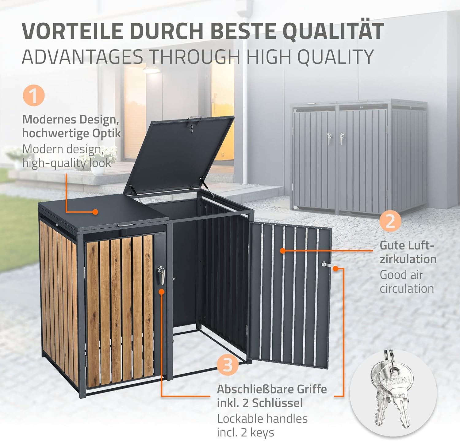 ML-Design Mülltonnenbox 4er 4 Tonnen 240L 264x80x116,3cm Anthrazit-Holzoptik, Stahl, wetterfest/abschließbar Mülltonnenverkleidung Klappdeckel/4 Türen, Müllbox Mülltonnecontainer Mülltonnenabdeckung