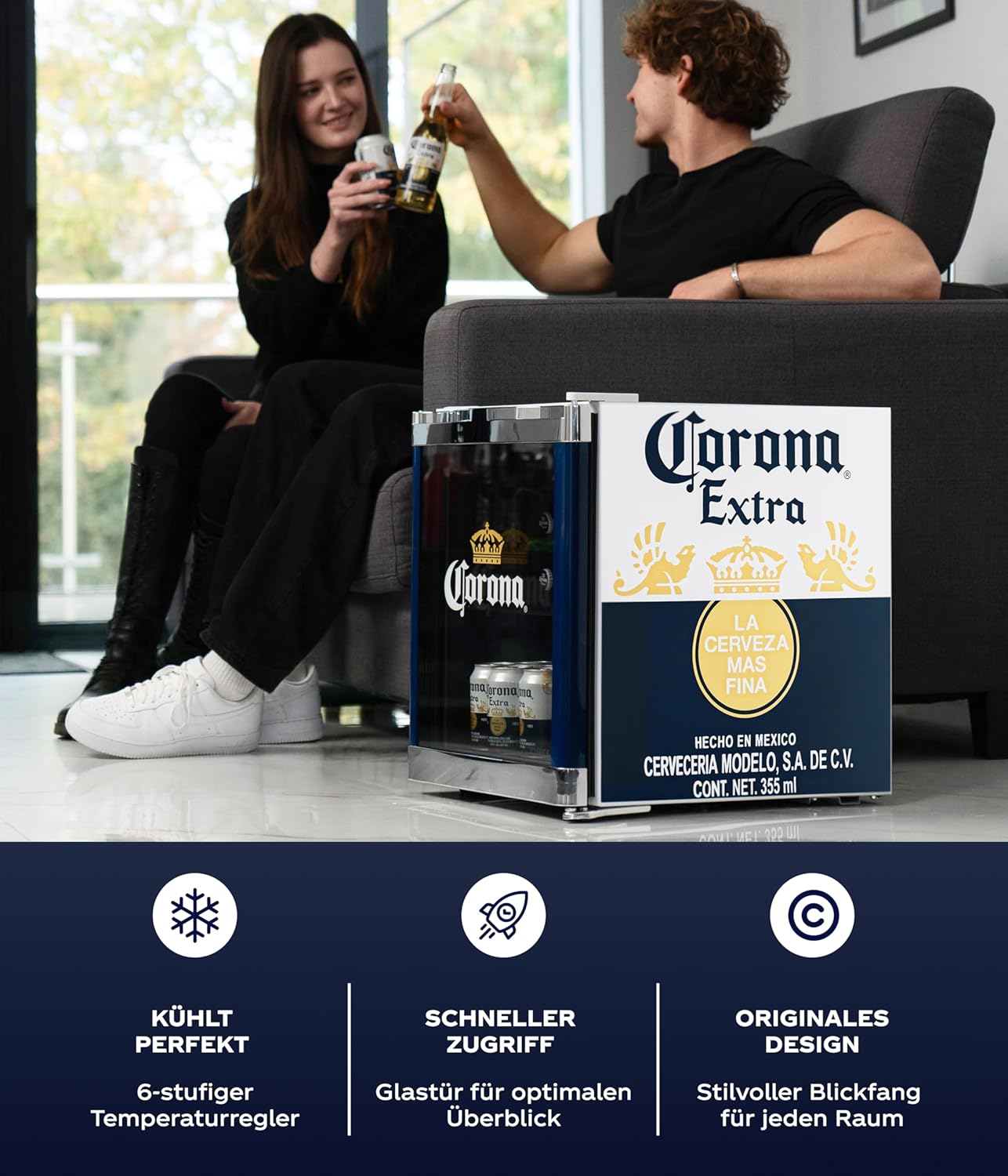°CUBES CORONA Mini Getränkekühlschrank 48L (Blau/Gelb) – Kompakter Flaschenkühlschrank mit Glastür & wechselbarem Türanschlag – Leise & energieeffizient - Bar, Küche, Homeoffice – Getränkekühler