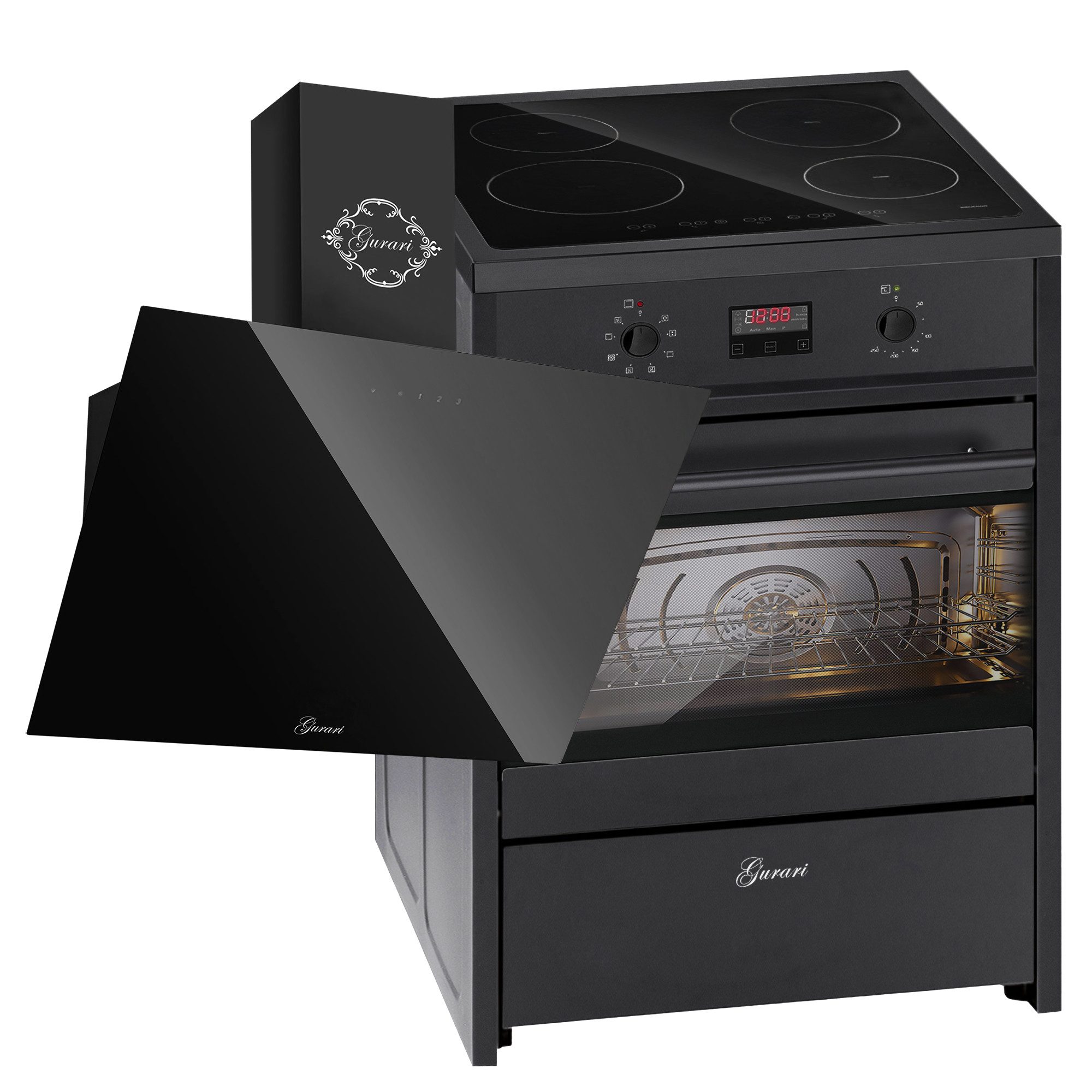 Induktions-Standherd Range Coocker 60 cm+ Dunstabzugshaube 60 cm, Schwarz Glas 1000 cbm/h GCH E 612 BL+GCH 286 Bl 6