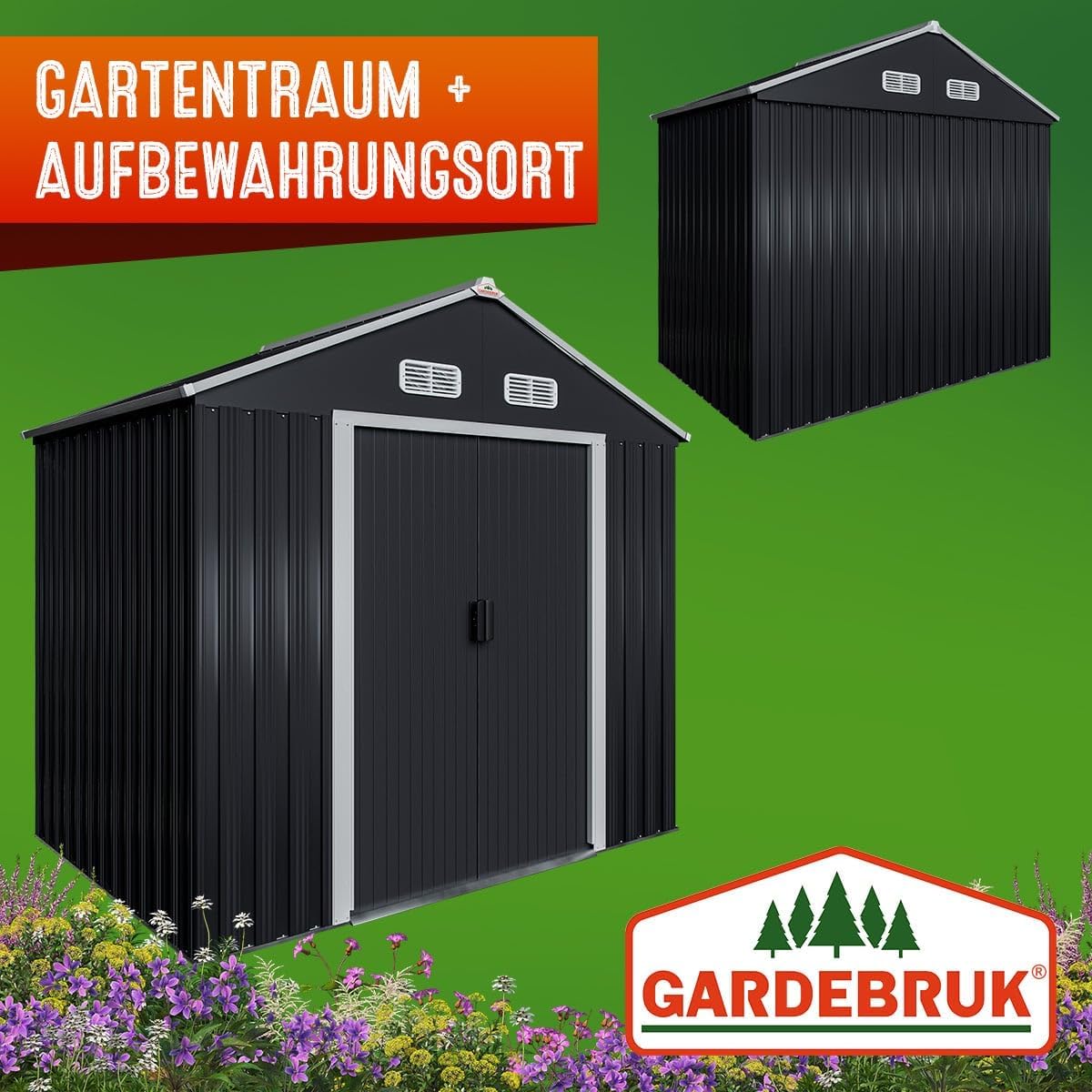 GARDEBRUK® XL Metall Gerätehaus 2m² mit Fundament 196x132x188cm Schiebetür Anthrazit Geräteschuppen Gartenhaus Schrank 4m³