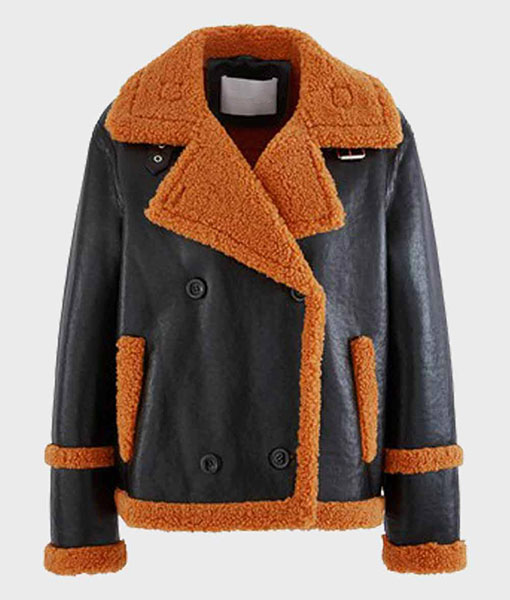 Mens Brown Shearling Sheepskin Leather Black Jacket
