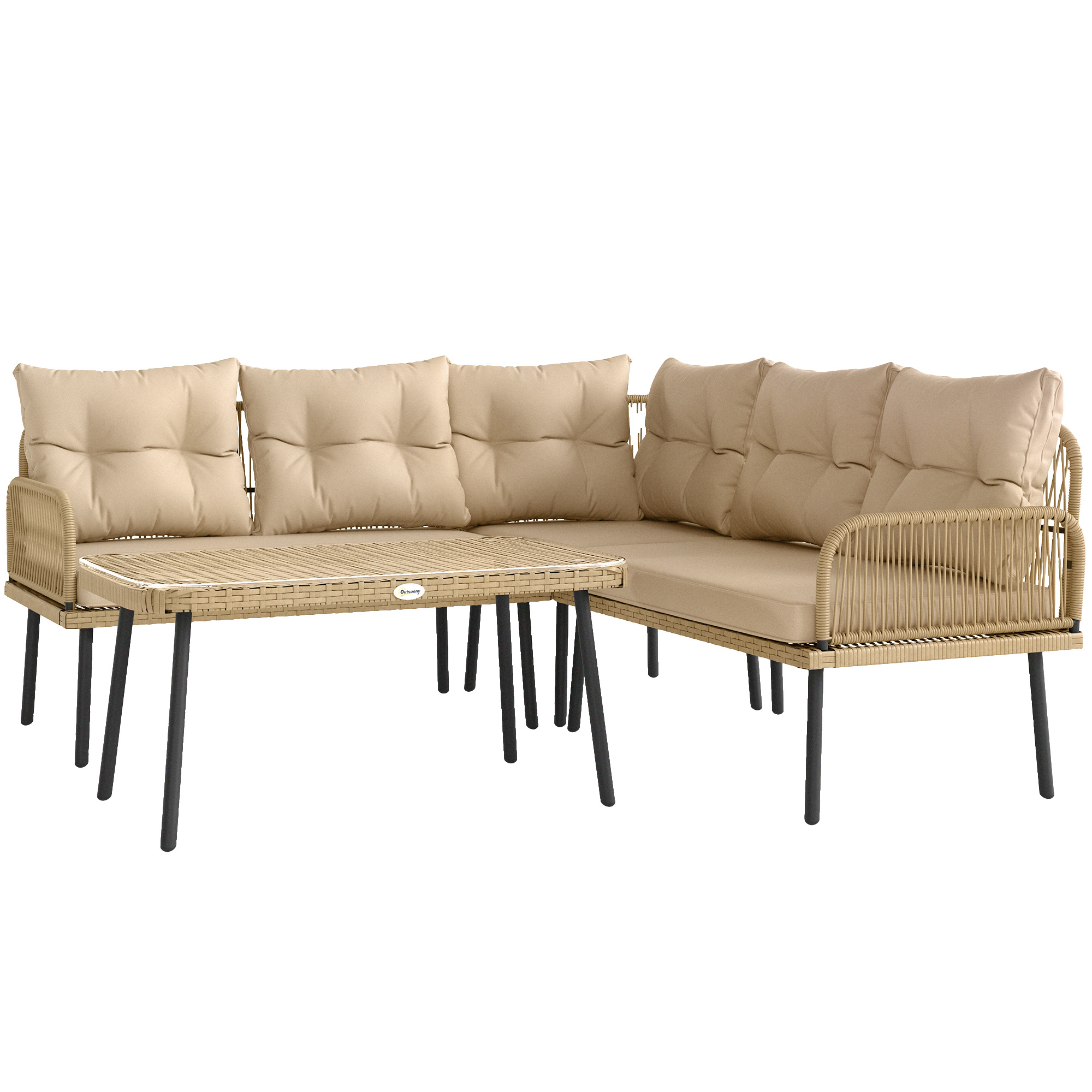 Outsunny Gartenmöbel-Set im Freien aus Polyrattan für 5 Personen, Glastisch und Kissen inklusive, Naturholz