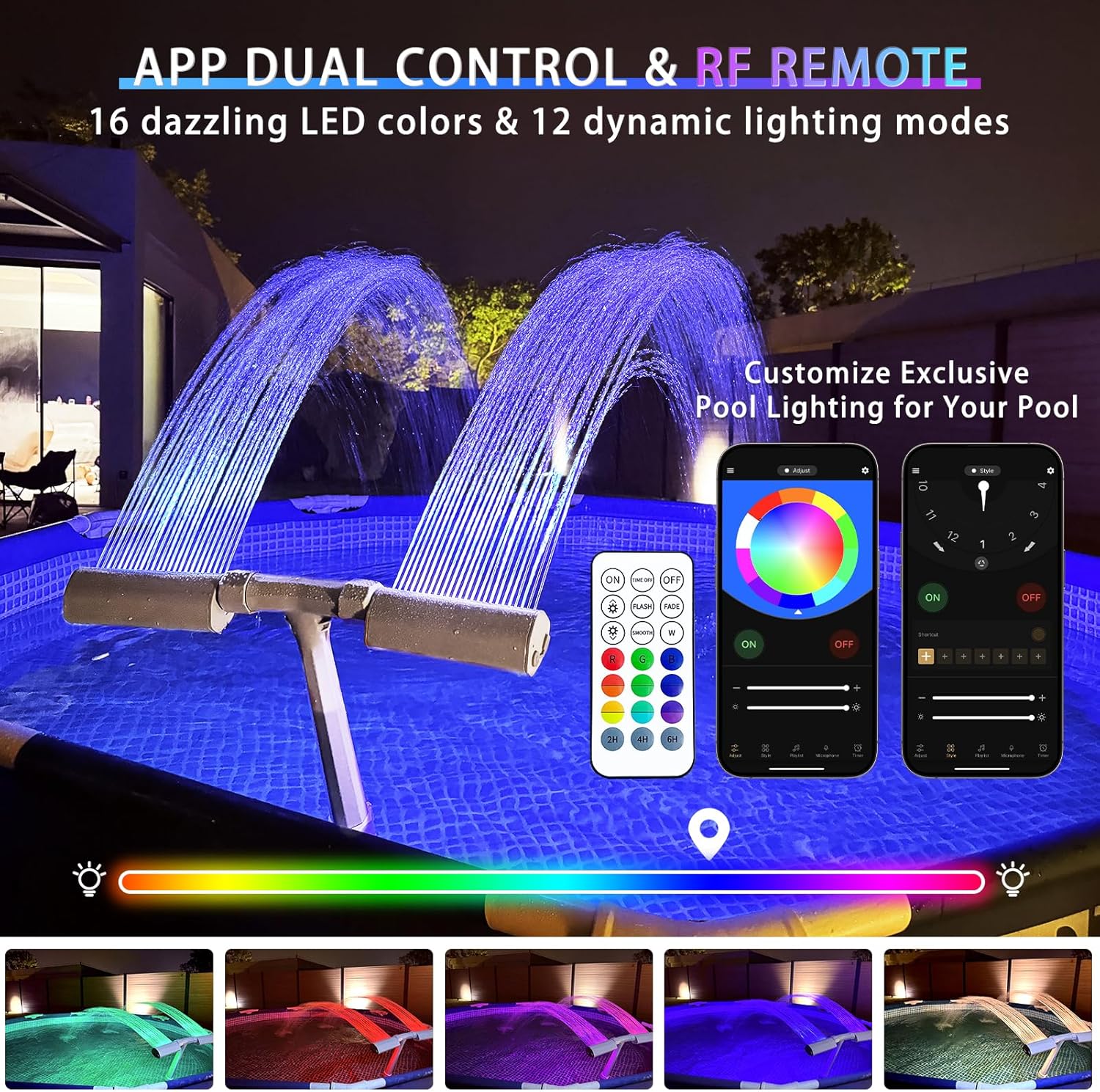Poolbrunnen 16-farbige LED-Lichter, 12 Modi, oberirdischer Poolbrunnen mit APP-Fernbedienung, Poolsprinkler zur Entspannung, oberirdisches Pool-Kühlsystem