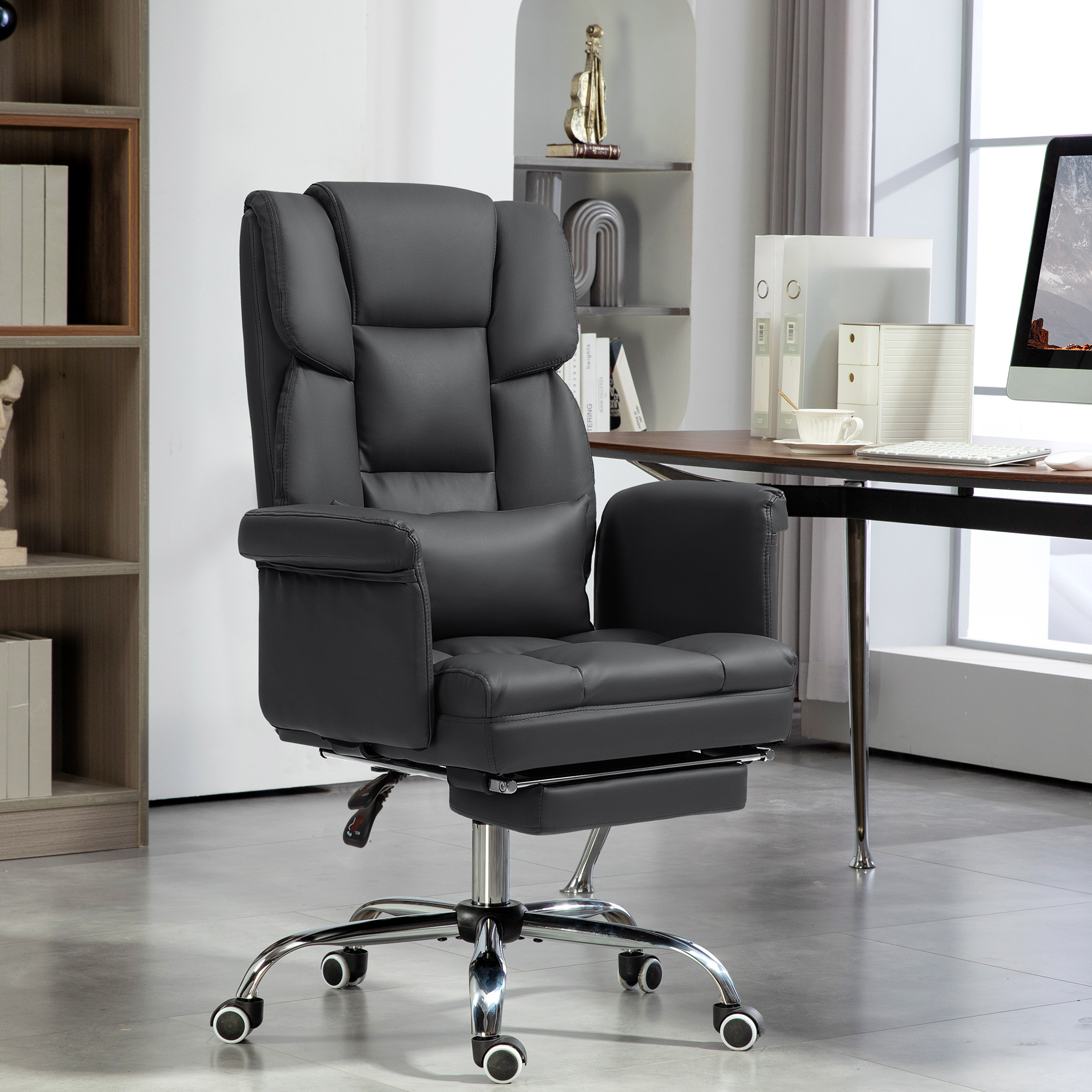 HOMCOM Ergonomischer Bürostuhl, höhenverstellbar 48-56 cm, neigbare Rückenlehne, Fußstütze, Schwarz