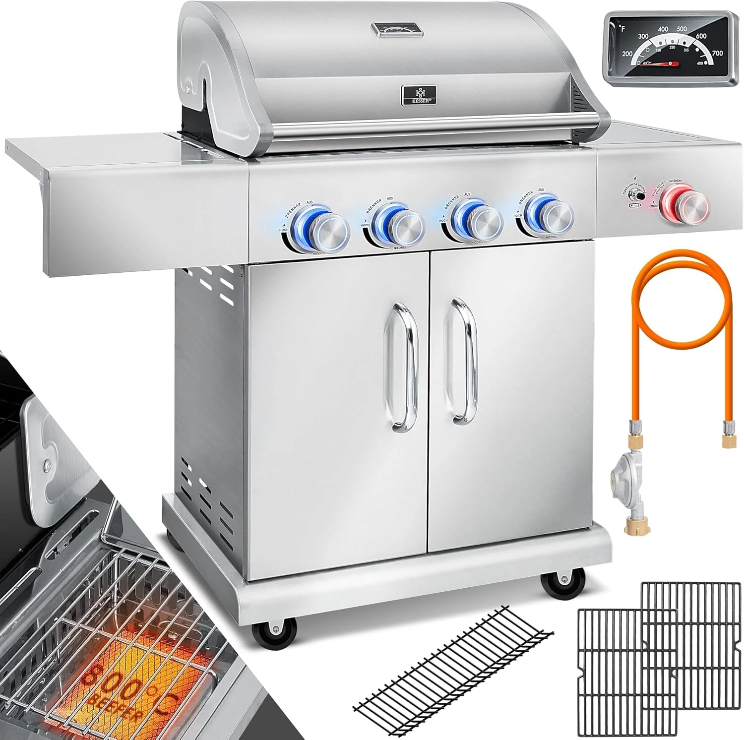 KESSER Gasgrill mit 4 Brenner + 1x Infrarot Keramik Seitenbrenner & Piezo-Zündung, Grillthermometer & Gas-Schlauch
