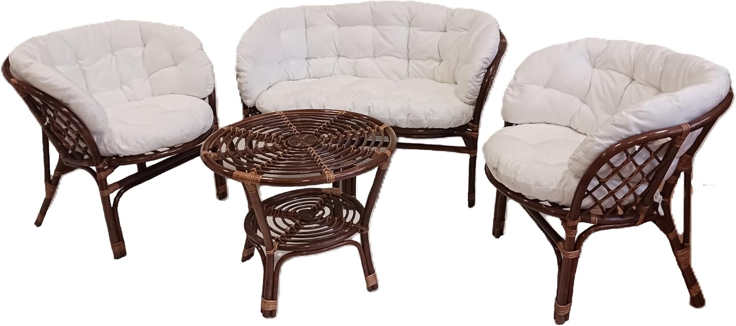 SALOTTO VIMINI RATTAN NOCE 2 POLTRONE 1 DIVANO 1 TAVOLO CASA E GIARDINO COMPLETO DI CUSCINI CON LACCETTI non in kit di montaggio spedito su bancale