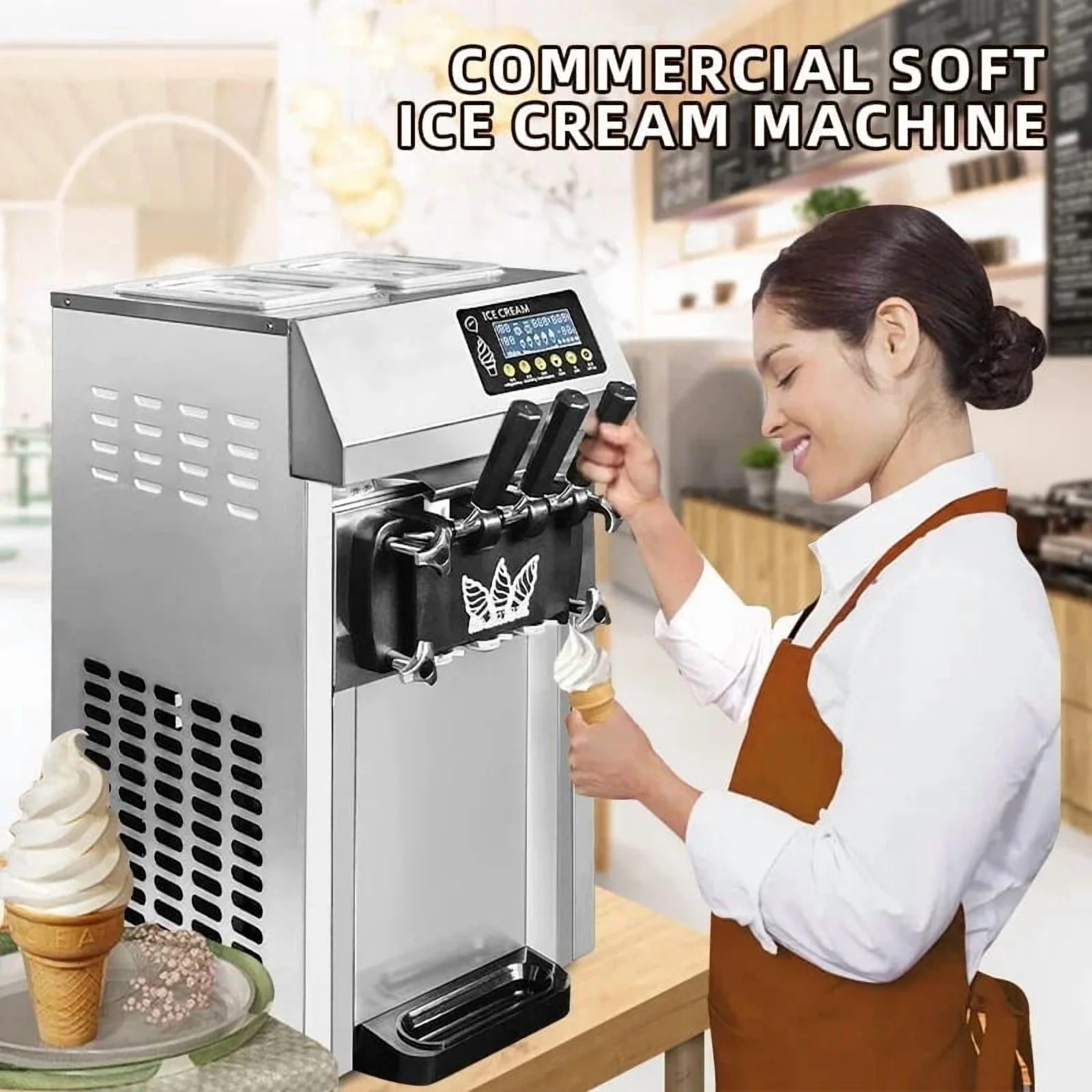 SHENGJINSH Pre-cooled Commercial Ice Cream Machine, 3 Flavors Countertop Soft Serve Ice Cream Maker