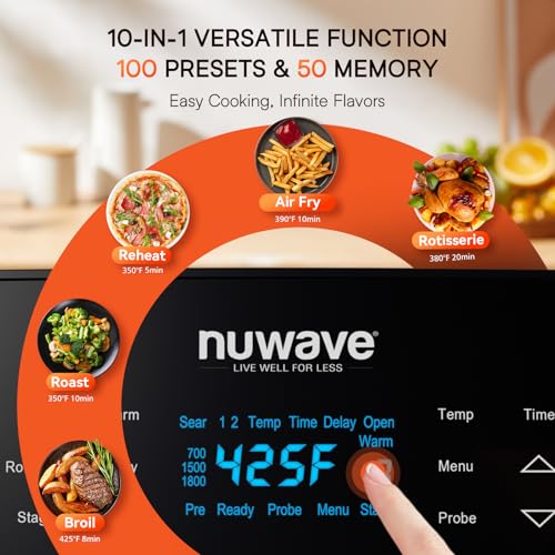 Nuwave Brio 15.5Qt 10 IN 1 Air Fryer Rotisserie Oven, XL Family Size, Even & Crisp AirFry, Reheat, Roast, Dehydrate for Quick Meals, 50° 425°F Control, 100 Presets & 50 Memory, Dishwasher Safe, 1800W : Home & Kitchen