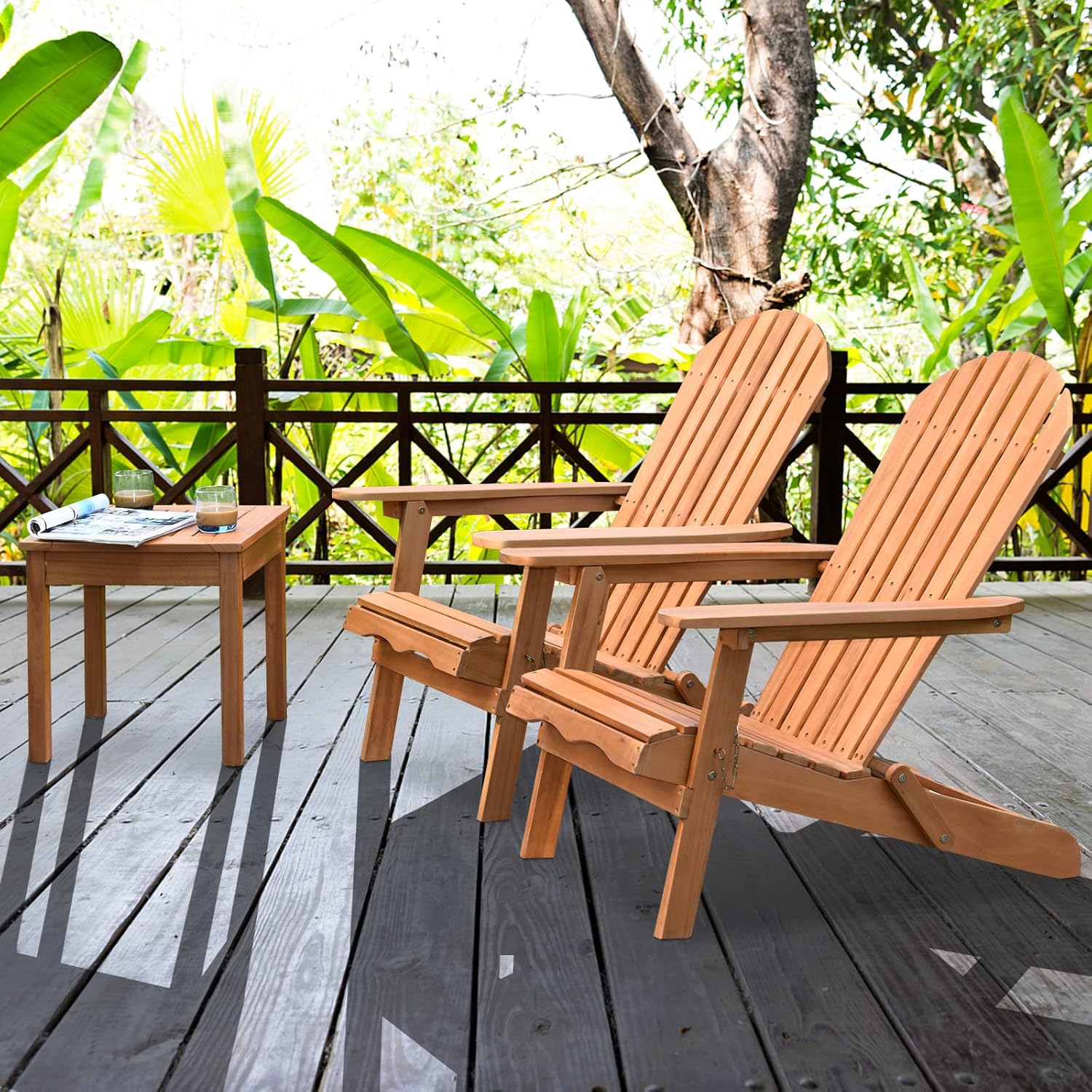 COSTWAY Adirondack 3 Piece Wooden Chairs and Side Table Set Folding Deck Chairs and Side Table with Slatted Design, Wooden Outdoor Furniture for Garden, Patio, Natural
