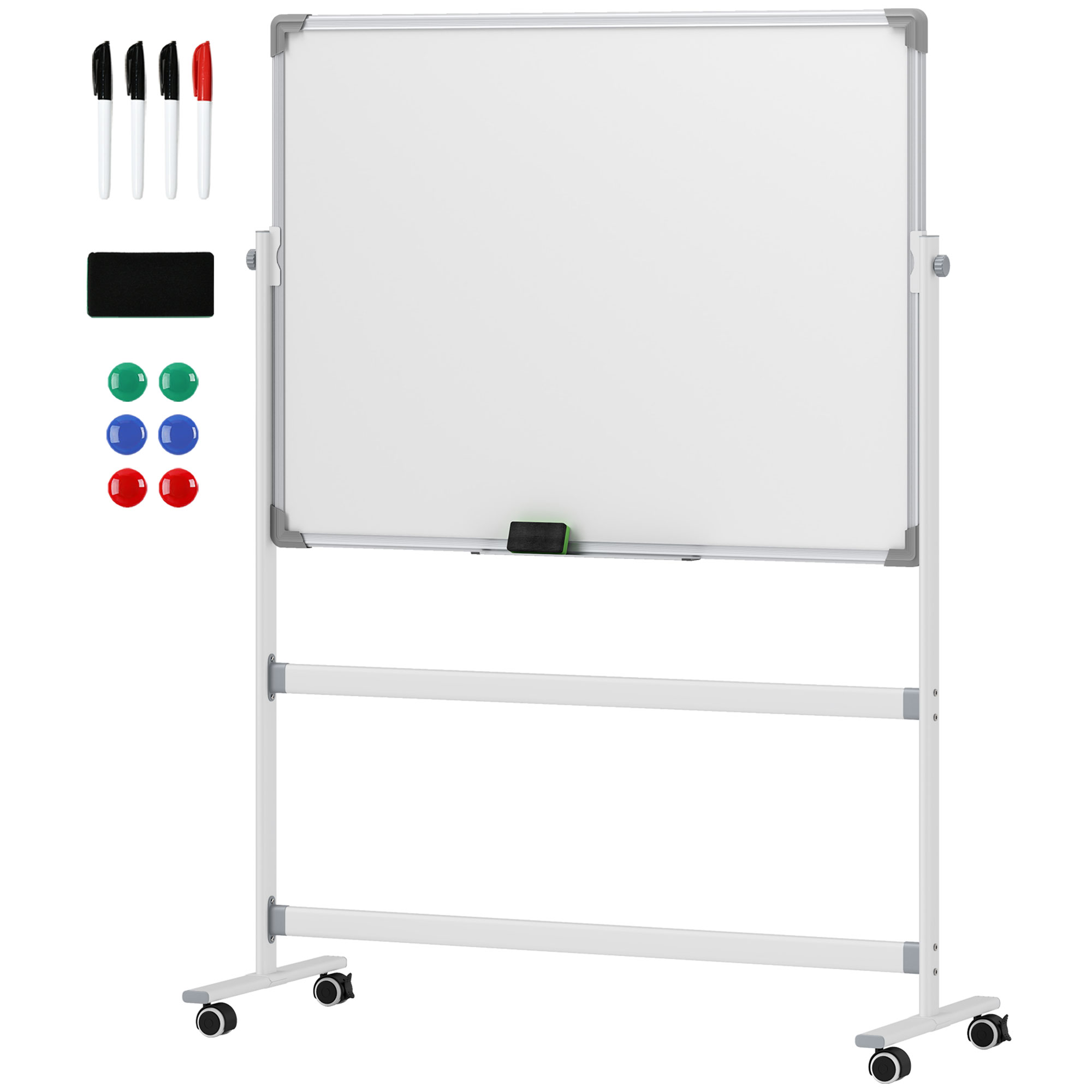 HOMCOM Whiteboard,120 x 90 cm, magnetisch, drehbar, mobil, inkl. Marker & Schwamm, Metallgestell, Weiß