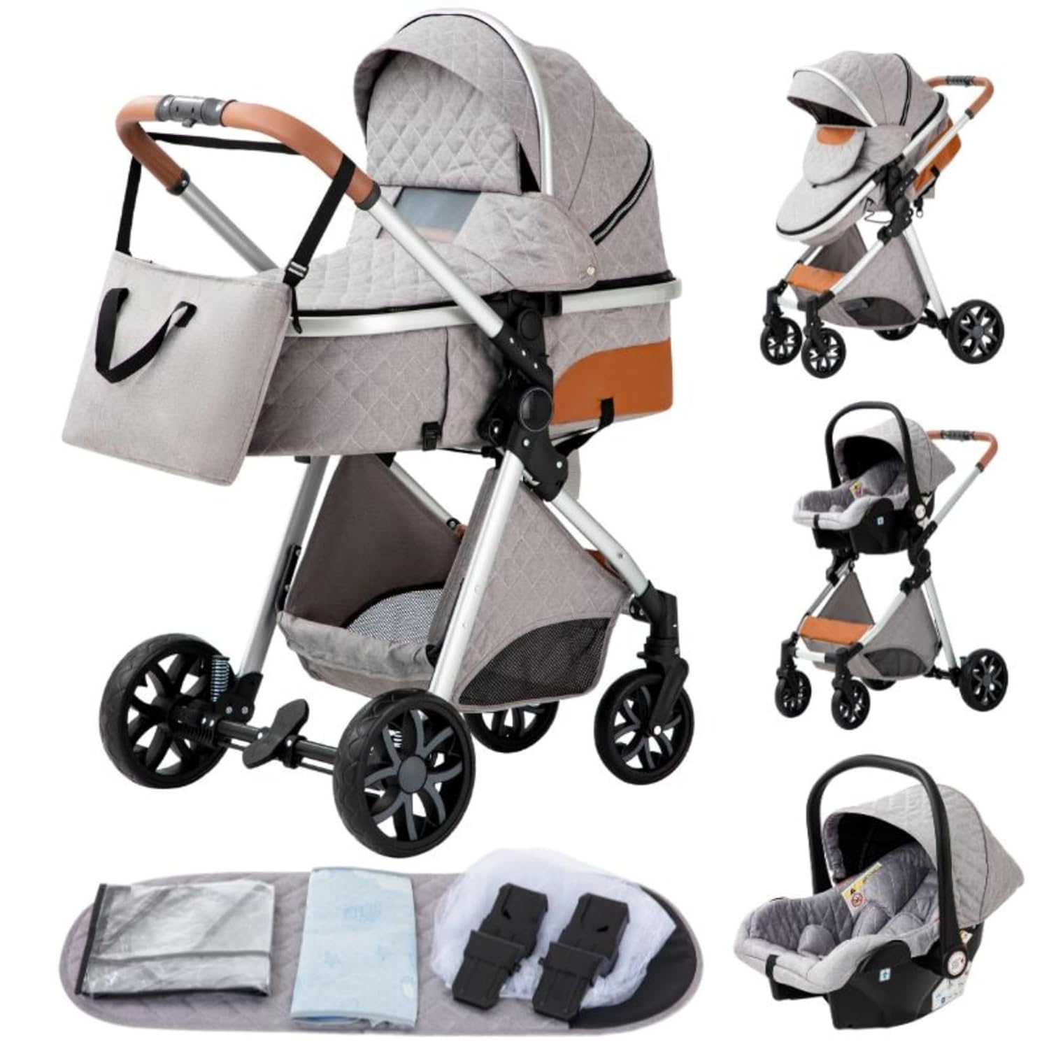 YAZOCO kinderwagen 3 in 1 Buggy Babybett Komplett Set Einem Klick Zusammenklappbarer Kinderwagen, KombiKinderwagen Aluminiumrahmen für Neugeborene Sitzzubehör (1 schwarz)