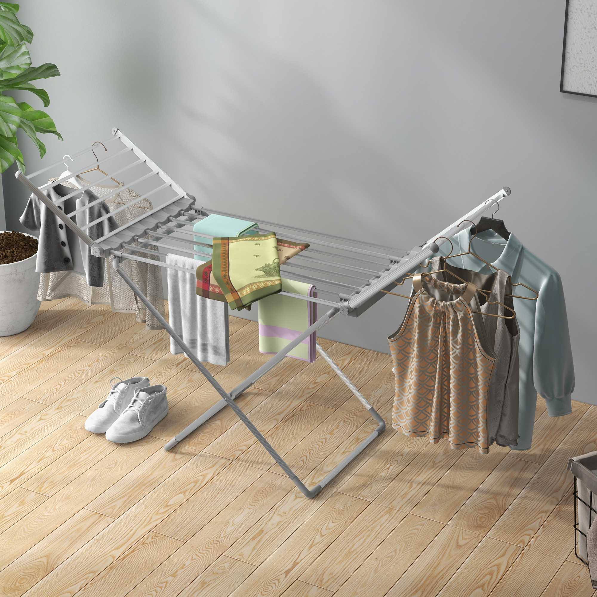 HOMCOM Wäscheständer Wäschetrockner 2 ausziehbare seitliche Flügel Aluminiumlegierung 144 x 53 x 96 cm