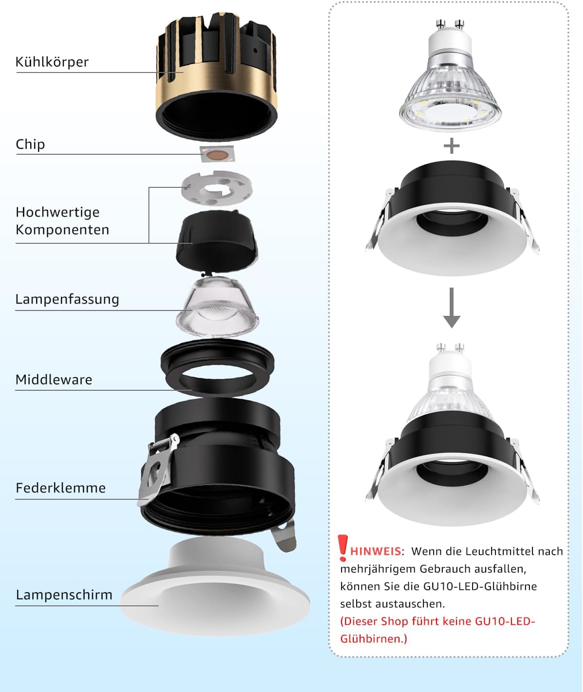 SCON Einbaustrahler 6er-Set, 10 W, runde Einbaustrahler, verstellbarer Abstrahlwinkel, 5-Farben-Durchmesser, Farbtemperatur 2700K–6000K, geeignet für Wohnzimmer, Küche und Flur