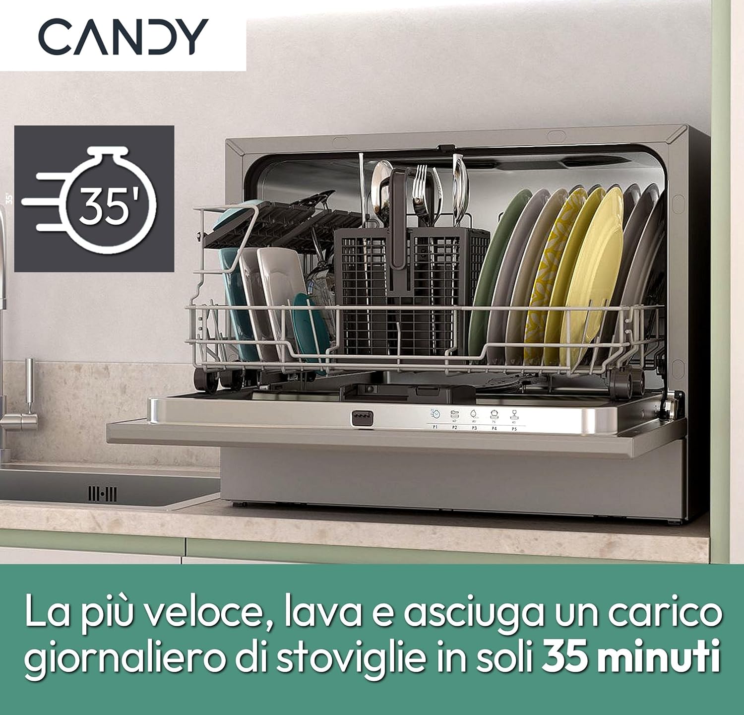 Candy Rapido' CP 6E51LS Lavastoviglie Compatta da tavolo, Libera Installazione, 6 Coperti, 8 Programmi, Ciclo Rapido 35', Partenza ritardata, Classe E, AxLxP 44,3x55x50,1 cm, Silver, Classe E