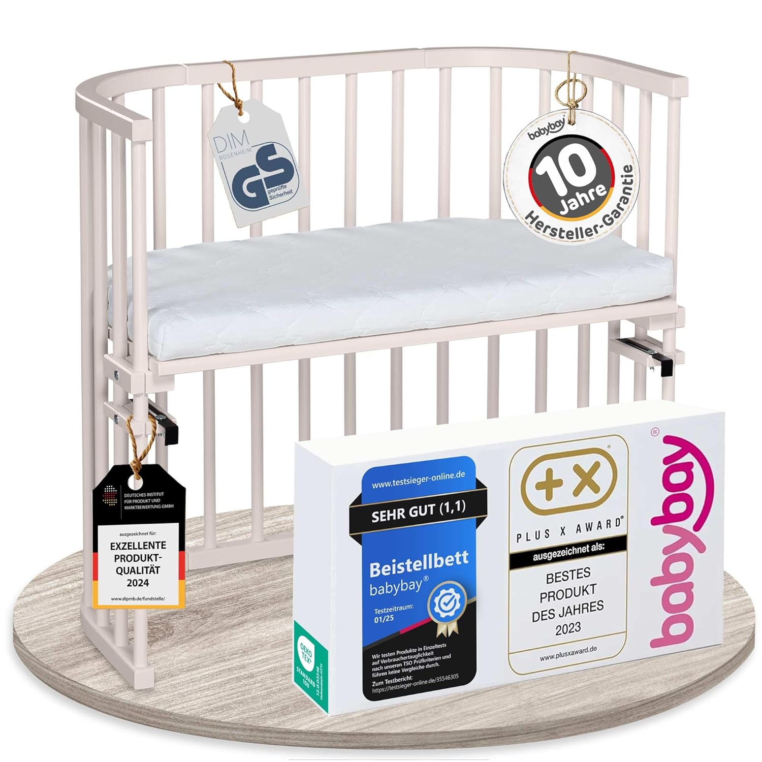 babybay Original Beistellbett aus massivem Buchenholz / kompakt & verwandelbar / Kinderbett Höhe stufenlos verstellbar & umweltfreundlich / mitwachsendes Babybett (weiß lackiert) / inkl. Matratze