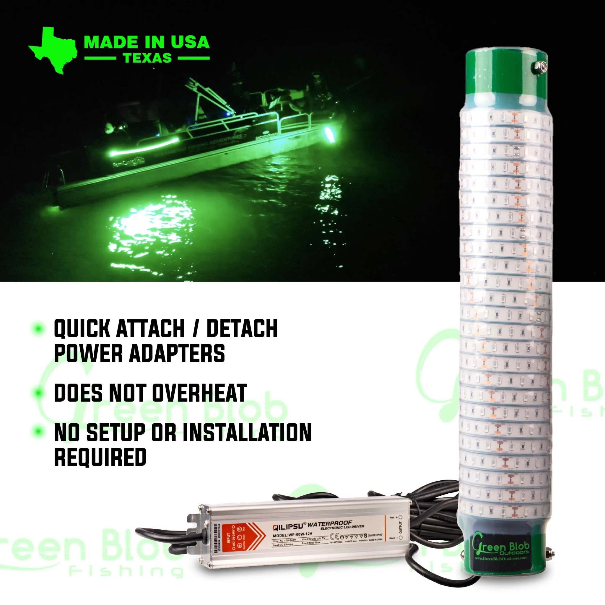 White Underwater Fishing Light Dock-15000 Lumens 110 volt AC Adapter 30ft Power Cord
