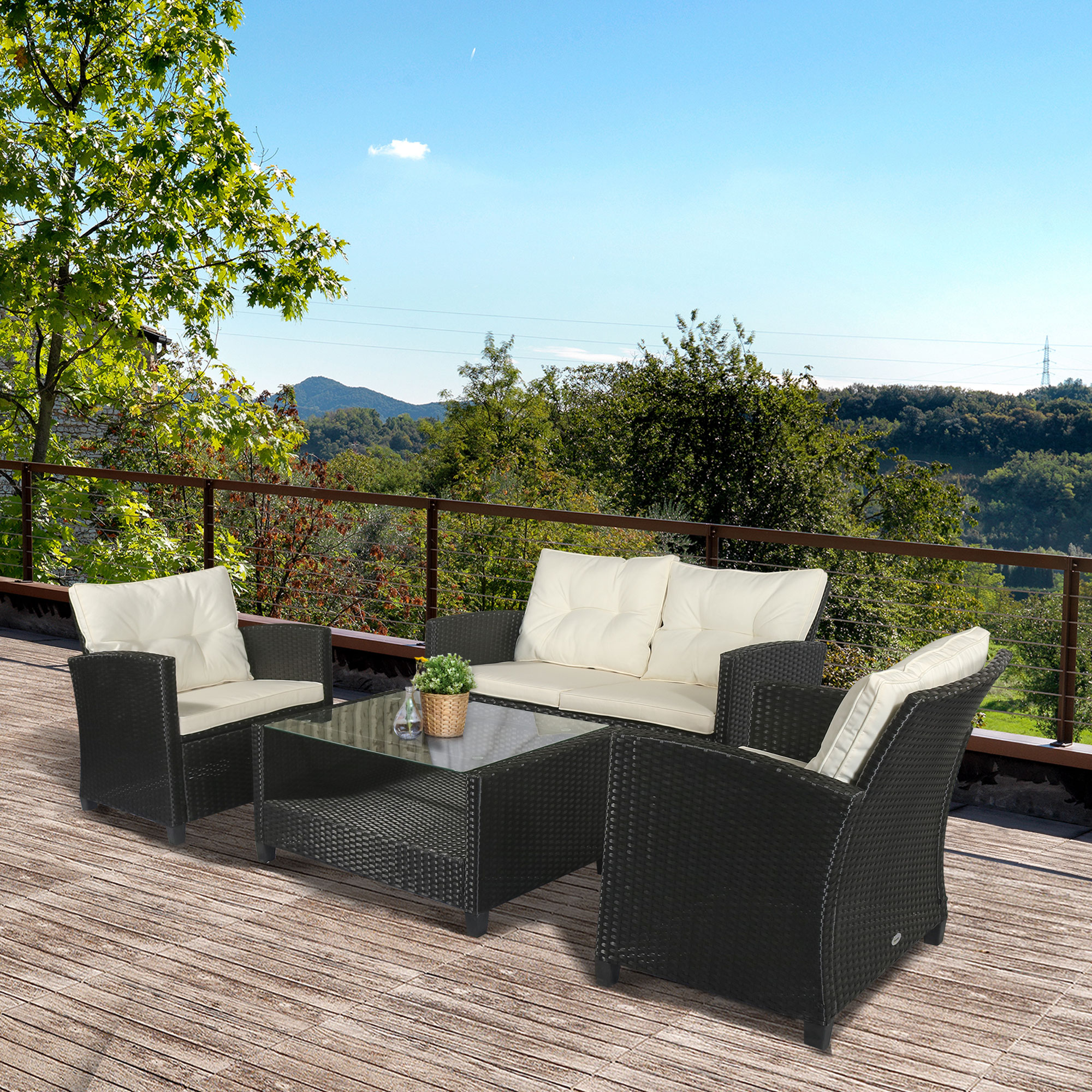 Outsunny poly-rotan zitset 4-delig Zitgroep tuinmeubel set lounge metaal zwart