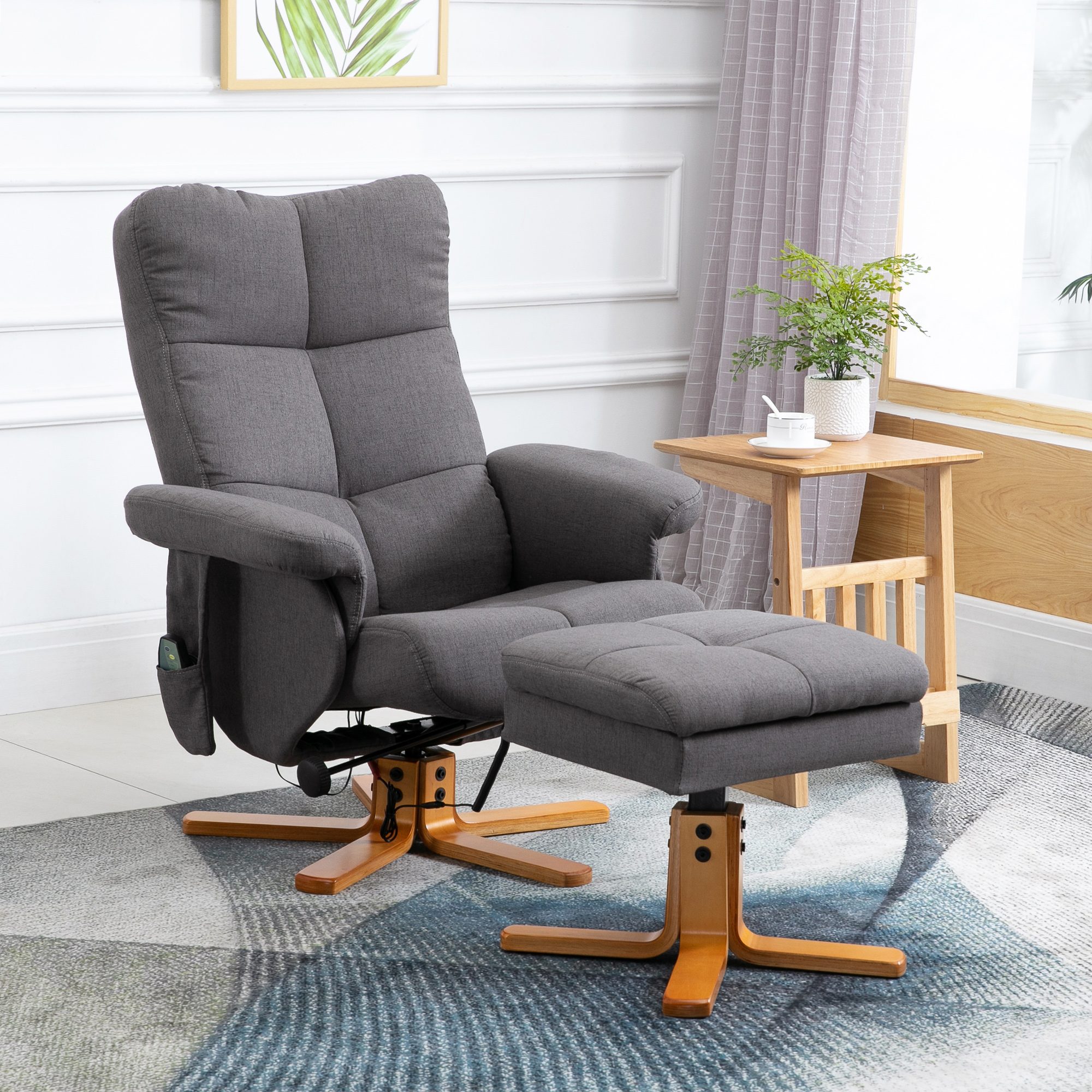HOMCOM Relaxsessel mit Fußhocker, Stauraum, Elektrischer Massagesessel mit Liegefunktion, Drehbarer Fernsehsessel mit Seitentasche, Fernbedienung, Holzrahmen, Polyester, Dunkelgrau