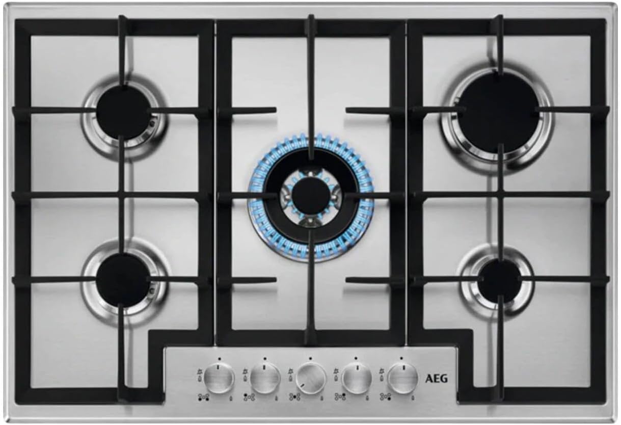 AEG Serie 3000 Piano Cottura 5 Fuochi Gas da Incasso, HGB75400SM Slim Profile, Acciao, Direct Spark, 75 cm di larghezza, 745x510 mm