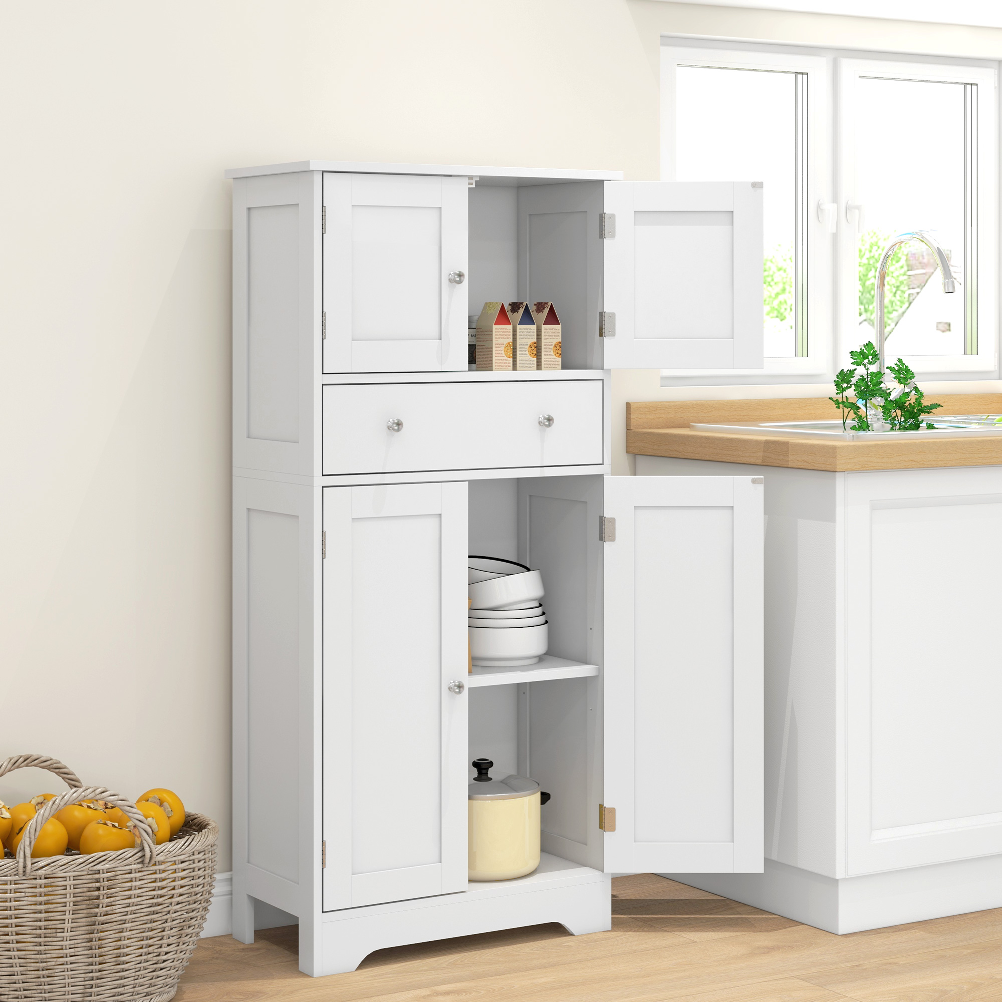 HOMCOM Küchenschrank Buffet Küche mit Schränken, verstellbaren Regalen, Schublade, 60 x 30 x 128 cm, Weiß