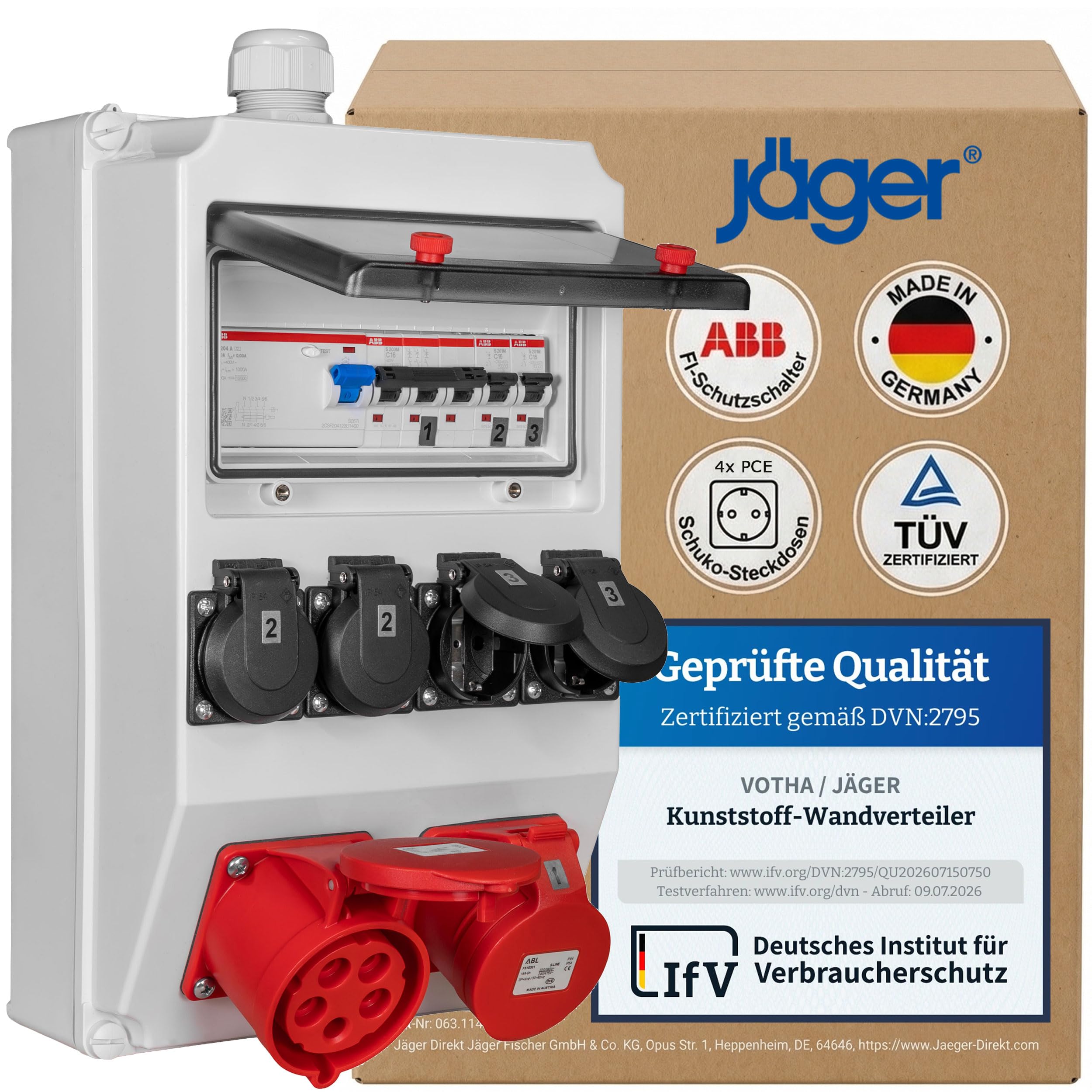 Wandverteiler Aufputz CEE 16A/32A mit 4 Schuko-Steckdosen und FI-Schutzschalter, IP54