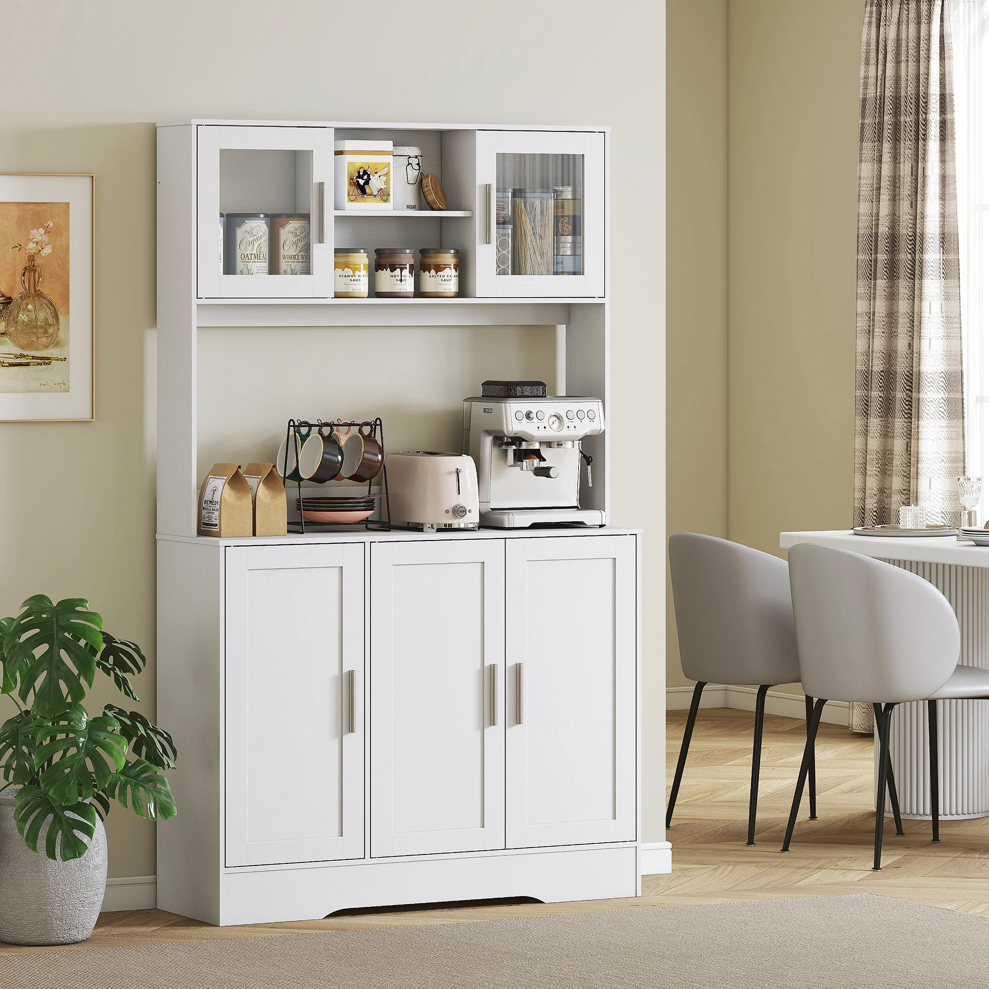HOMCOM Keukenkast, Scandinavisch Design, 4 Kasten, Verstelbare Planken, Glazen Deuren, Open Vak, Spaanplaat, MDF, Wit