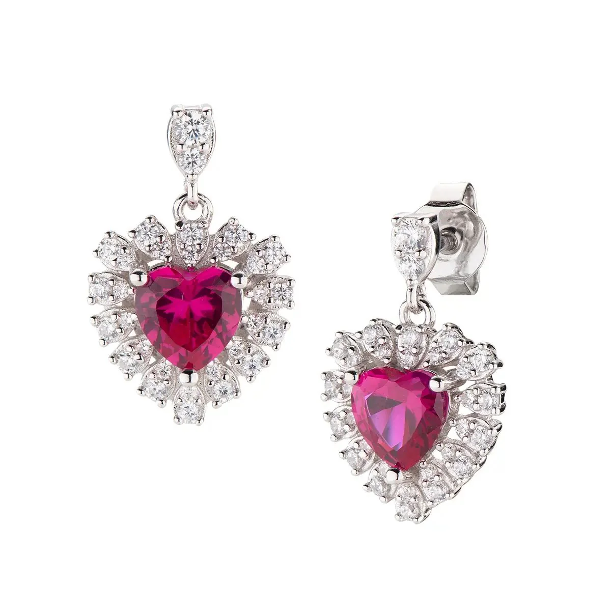 Orecchini Amen rodiato bianco pendente con zircone taglio cuore rosso ECU0BRBZ