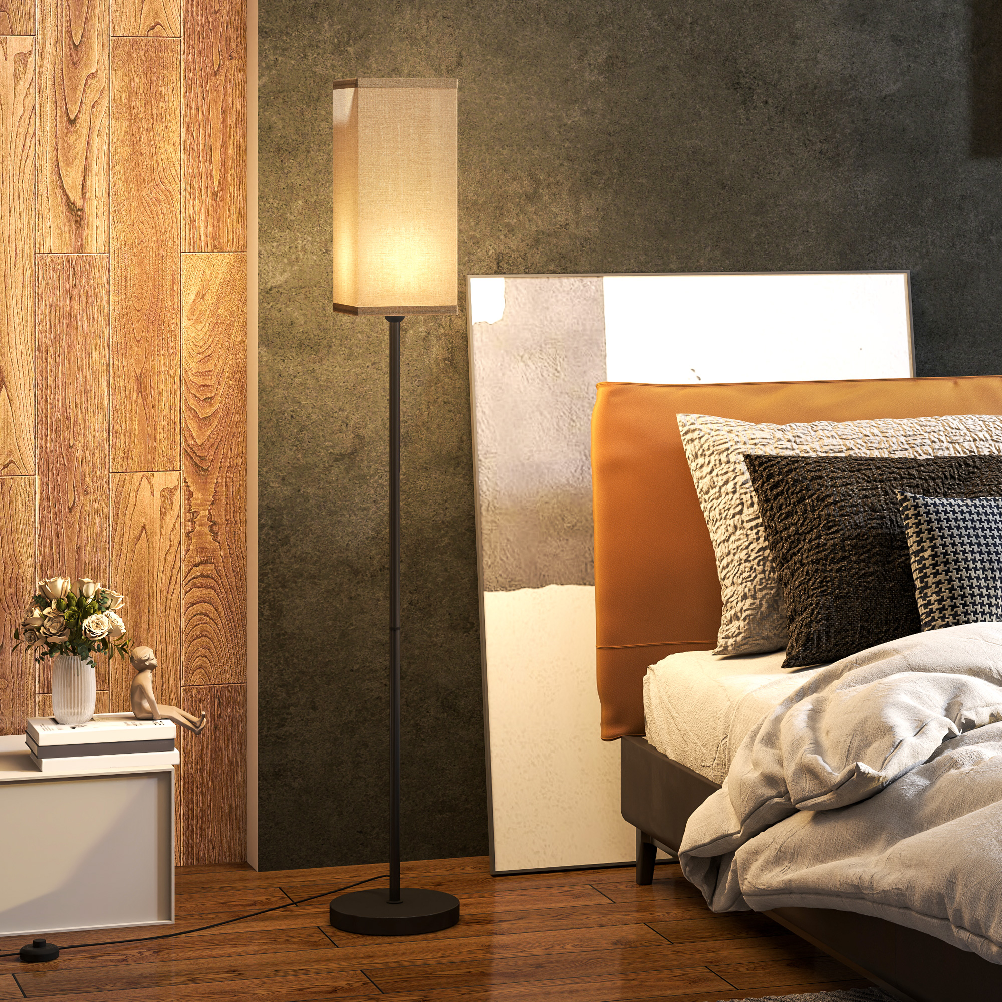 HOMCOM Moderne Stehlampe mit Kunstleinen-Schirm und Fußschalter, für Wohnzimmer und Schlafzimmer, Metall, Schwarz