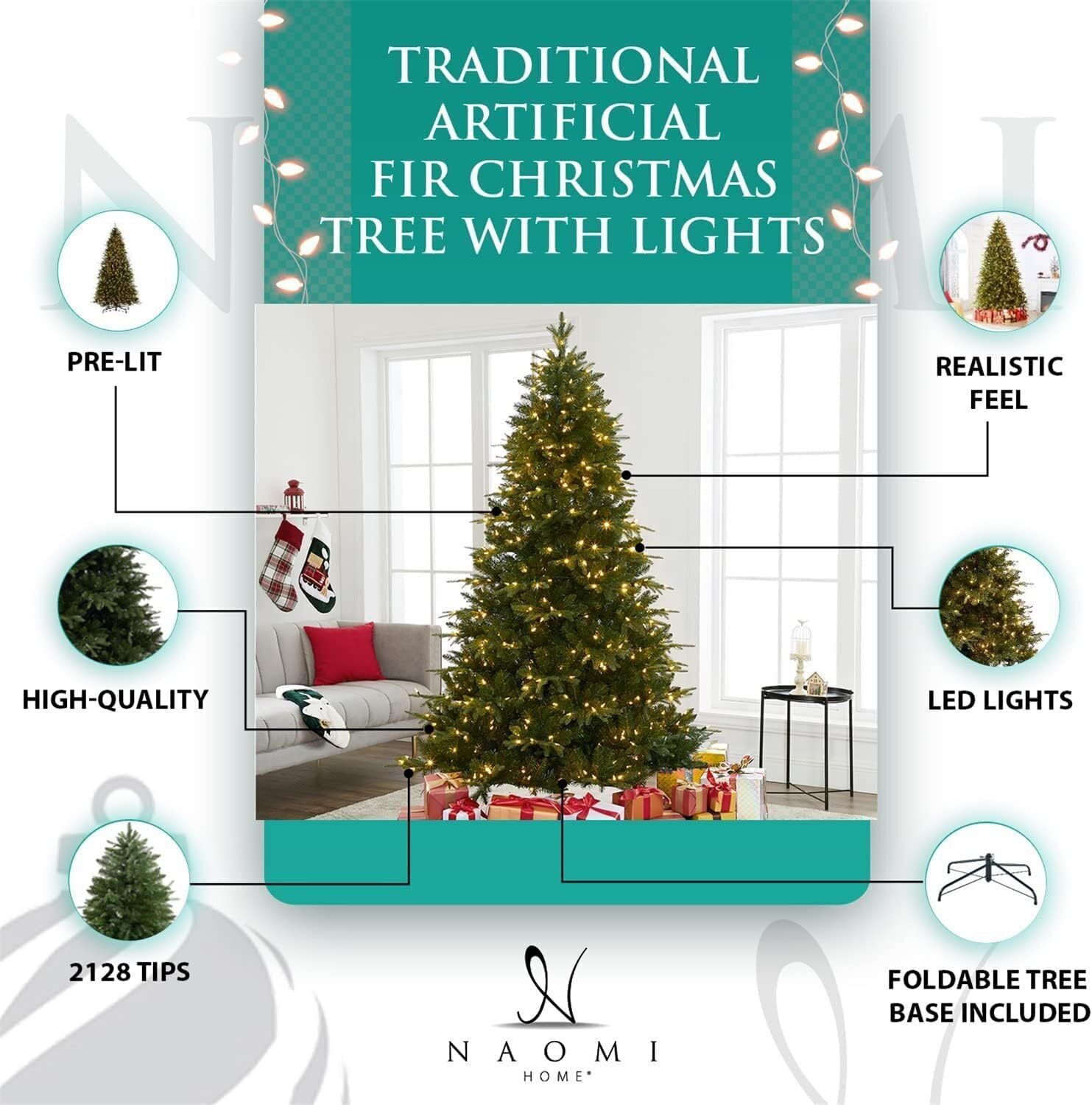 Naomi Home 7.5ft Christmas Tree with Lights, Realistic Fir Christmas Tree Prelit with 1746 Branch Tips, 550 Warm Lights and Metal Stand, Aritificial Tree, Árbol De Navidad