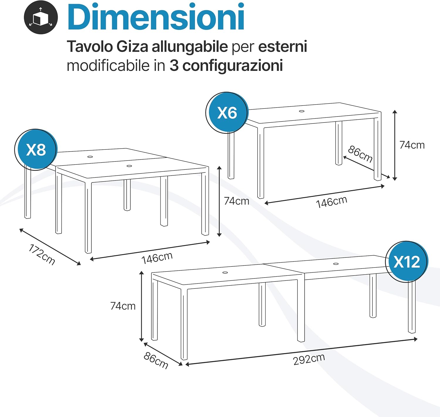 Tomaino - Extendable Plastic Garden Table 4-12 Seater - Outdoor Table for Rectangular or Square Dining - For Garden, Porch or Balcony - White
