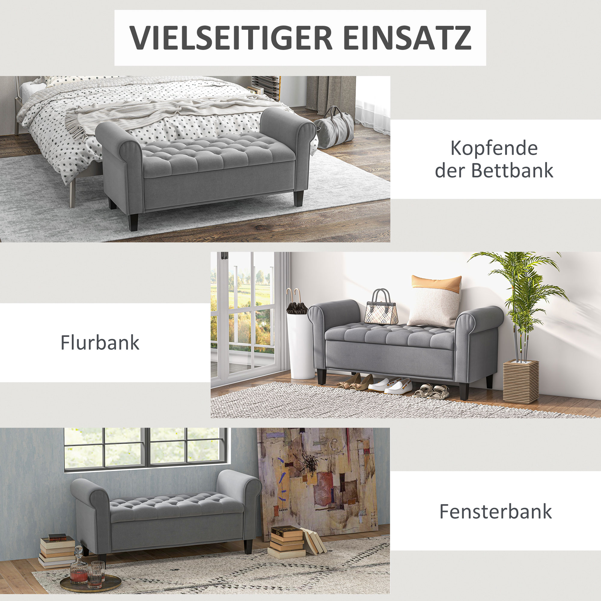 Zitbank Polsterbank Bedbank, Knoopstiksel, Fluweelachtige Afwerking, 126 cm x 48,5 cm x 57 cm, Grijs