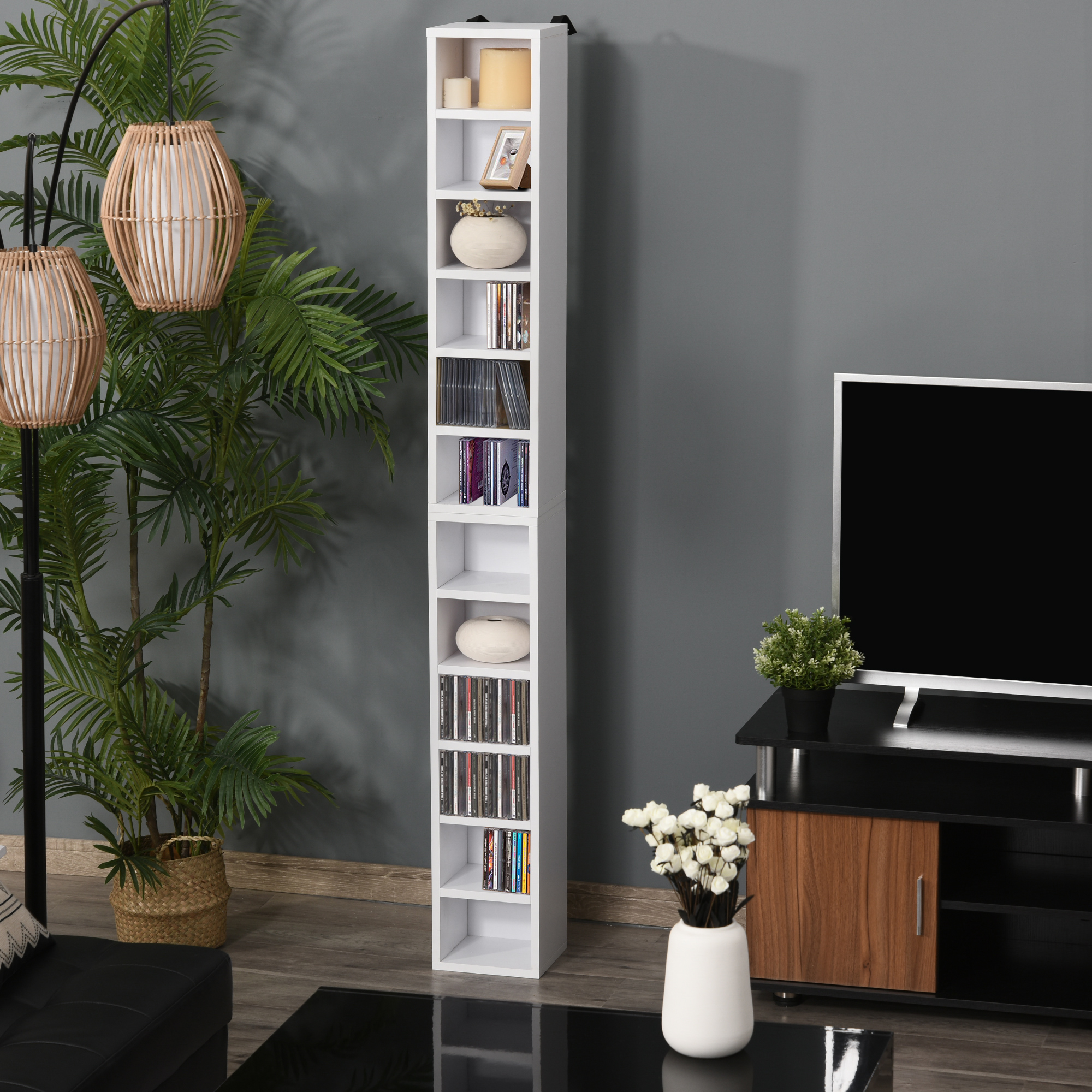 HOMCOM CD-Ständer 2er Set CD-Regal Holzregal Standregal mit 12 offenen Ablagefächern Medienrega Dekoregal Aufbewahrung Weiß 21 x 19,2 x 88,3 cm