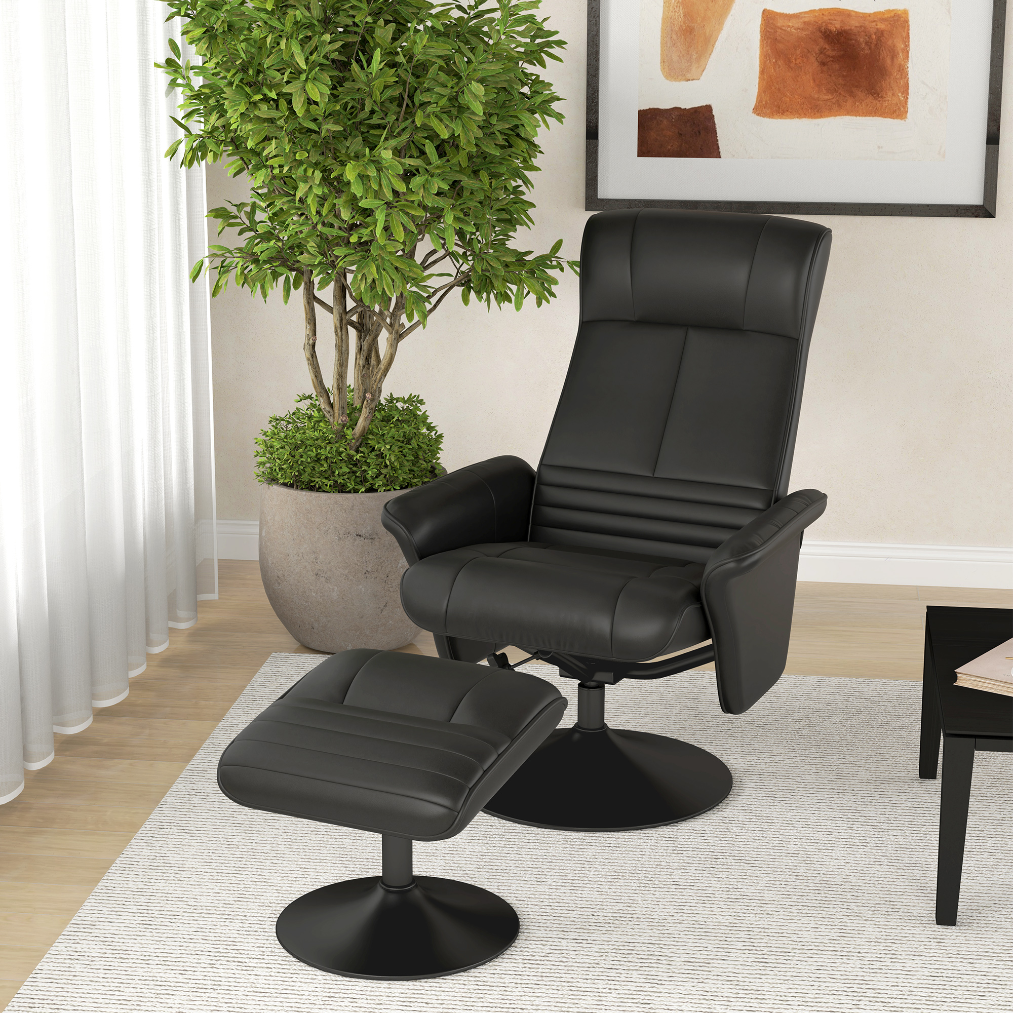 HOMCOM Polstersessel, Akzentsessel mit Hocker, drehbar, ergonomisch, Mikrofasertuchoptik, bis 150 kg, Schwarz
