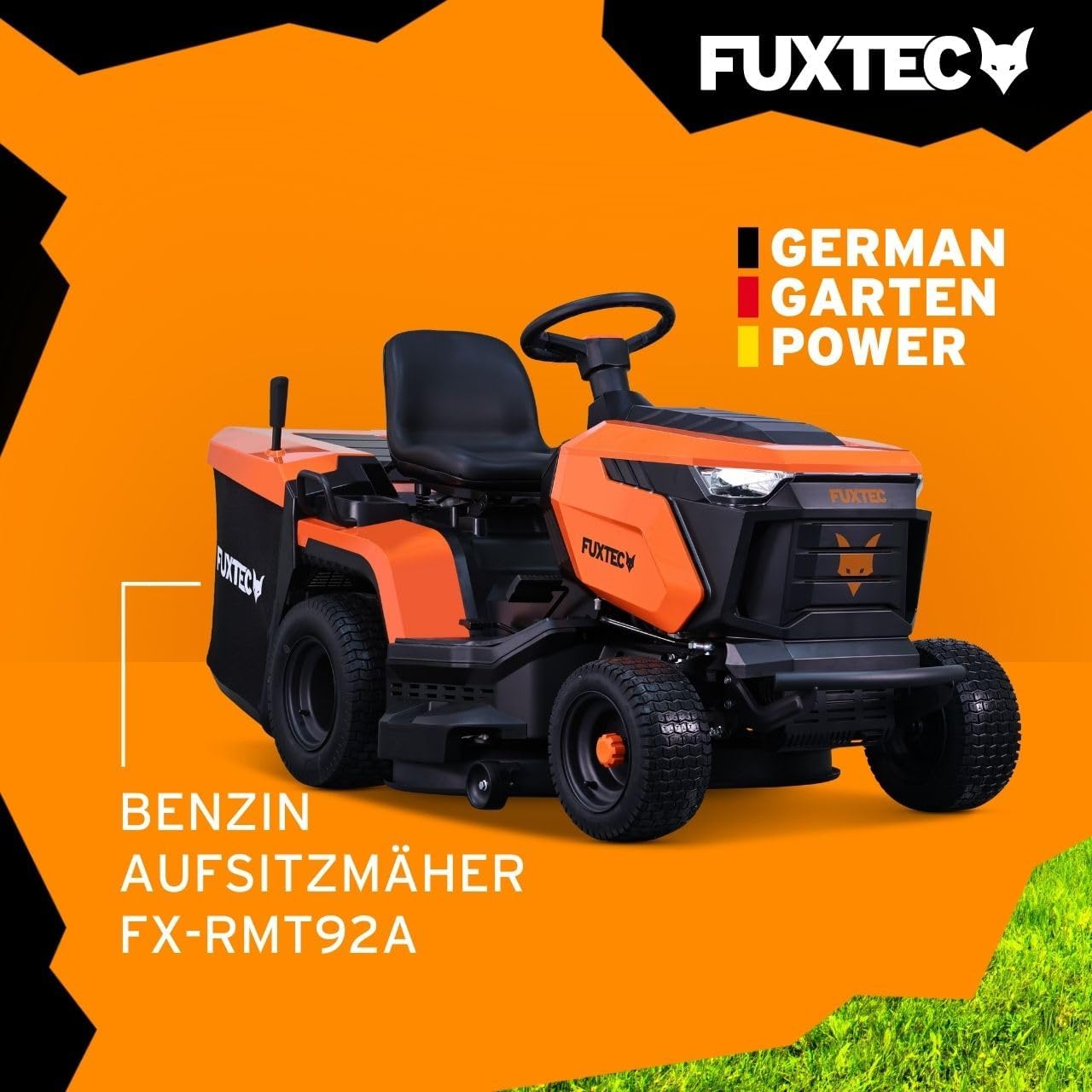 FUXTEC Rasentraktor FX-RMT92A, Aufsitzmäher mit 92cm Schnittbreite, 6-stufige Schnitthöhenverstellung, 452ccm Hubraum, Hydrostat, Rückwärtsmähen, geeignet für Flächen bis 6500m²