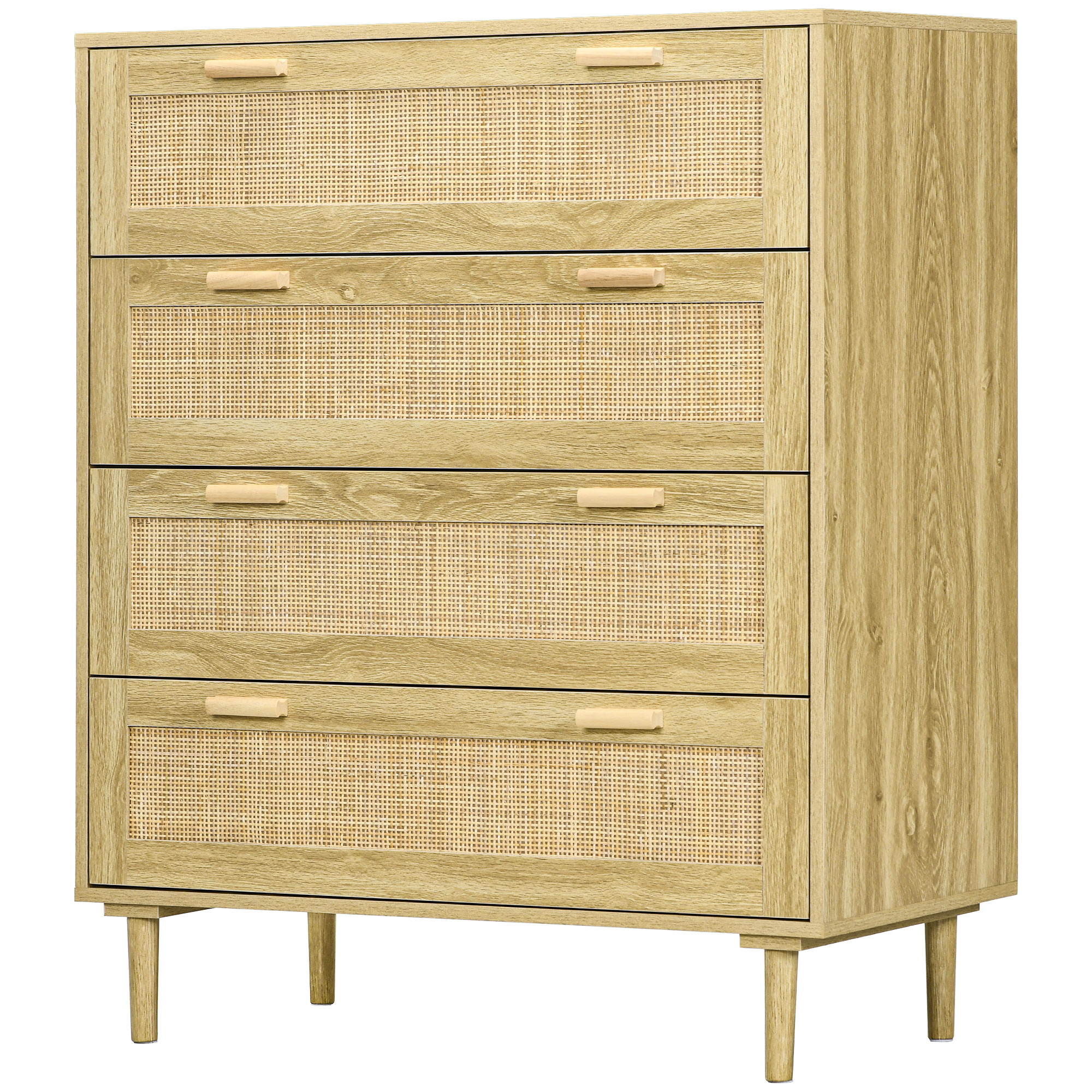 HOMCOM Kommode 4 Schubladen Aufbewahrungsmöbel mit Rattanflechtwerk im Bohème-Stil Maße 90 cm lang x 45 cm tief x 108,5 cm hoch Aspekt Naturholz