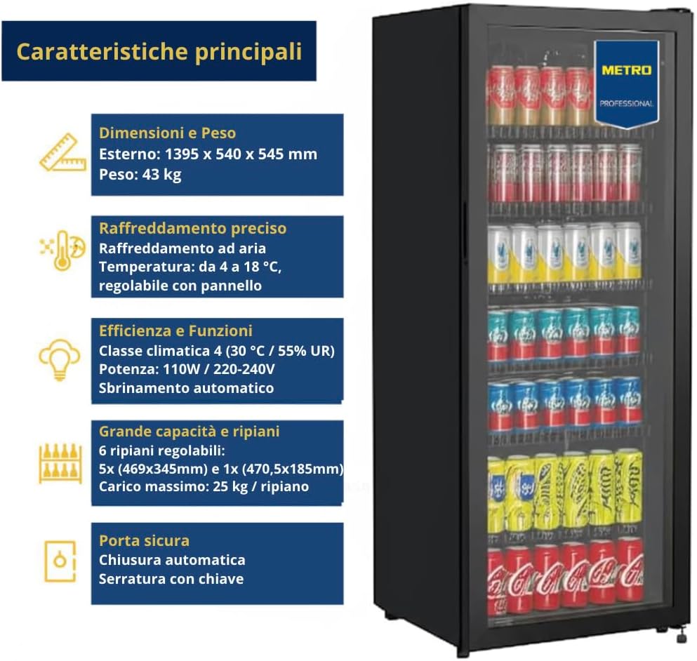 METRO Professional Frigorifero per Bevande GSC4240 con Porta in Vetro, 237 L, 110 W, 220-240 V, Illuminazione a LED, 6 Ripiani Regolabili, con Serratura