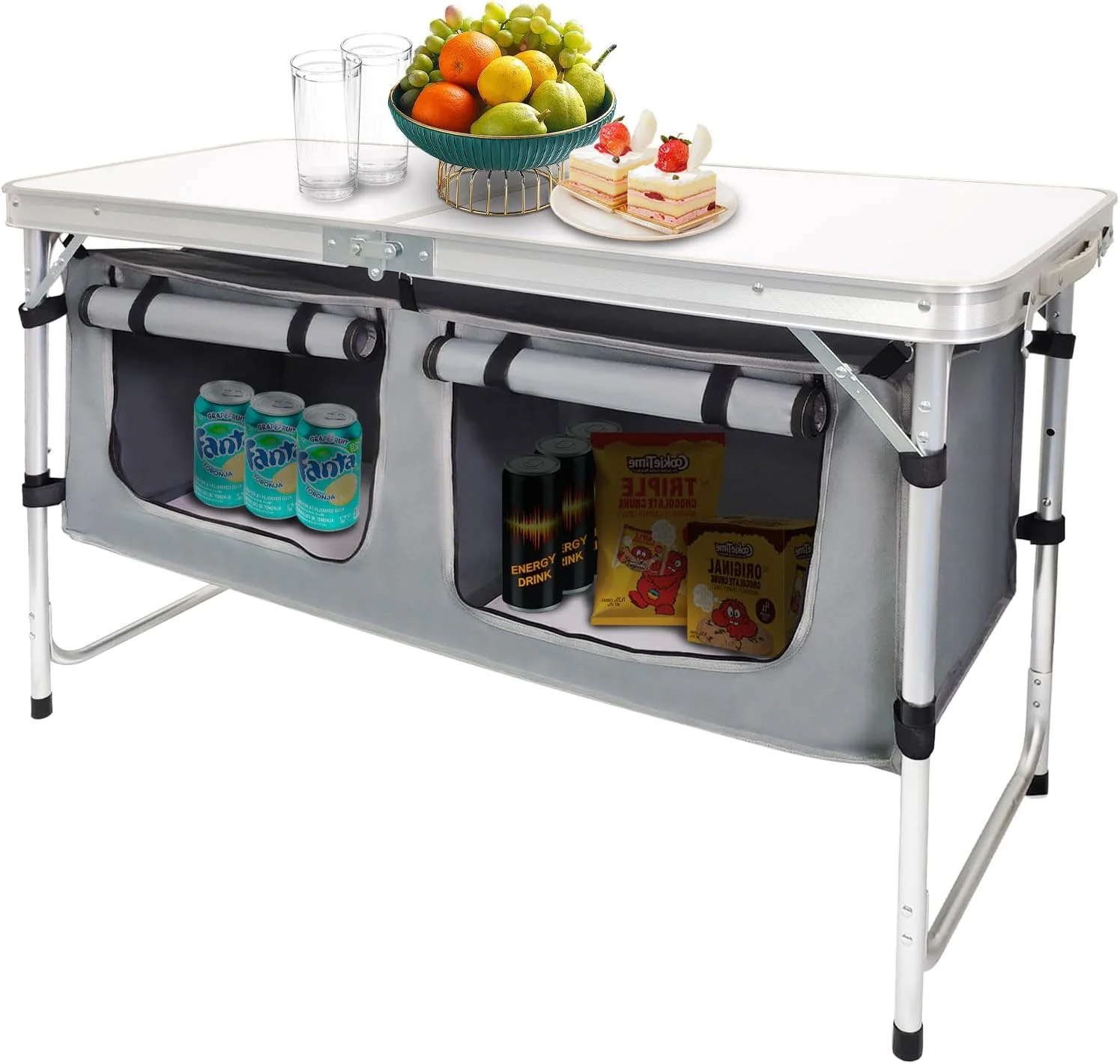 Outdoor Folding Table Aluminum Lightweight Height Adjustable with Storage Organizer for BBQ, Party, Camping