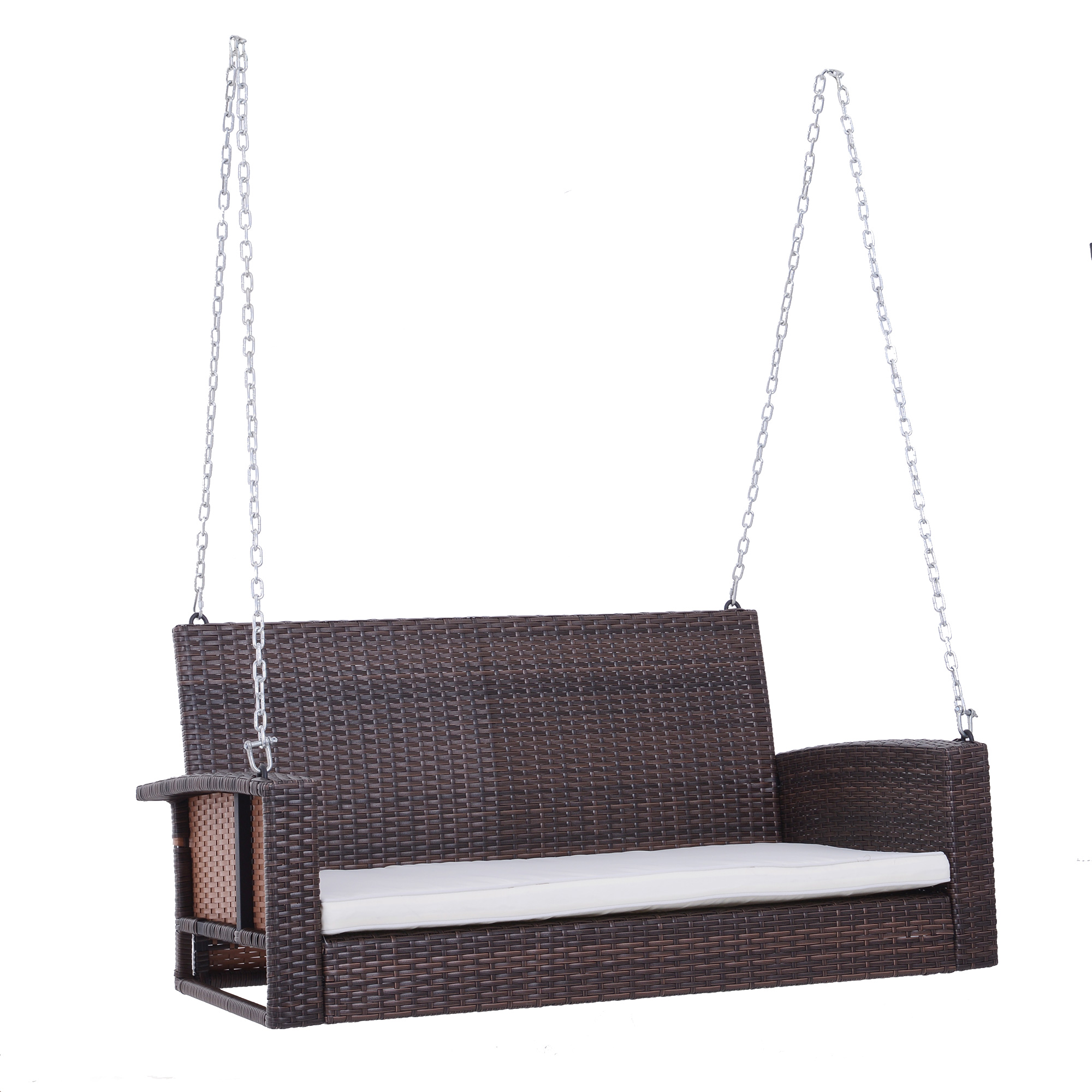 Outsunny Hängebank 2-Sitzer Rattan Gartenschaukel mit Sitzkissen Hängeschaukel Hollywoodschaukel Schaukelbank Gartenbank Braun 127 x 65 x 60 cm