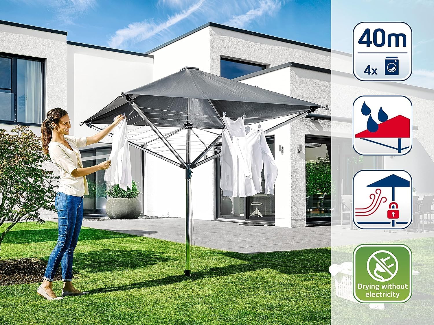 Leifheit Wäschespinne LinoProtect 400 mit Dach 40 m Leinenlänge Wäschetrockner für Garten und Balkon