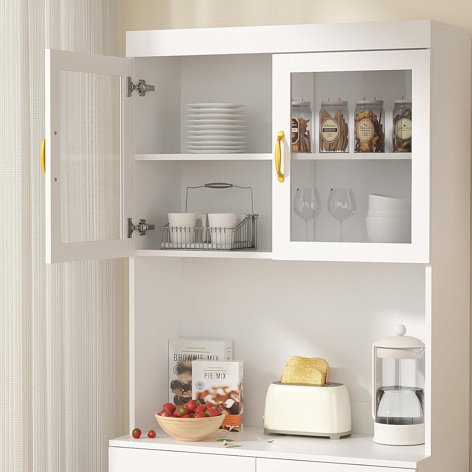 VOWNER Credenza Cucina Alta, Cucina Dispensa, Mobile Buffet, Mobile Dispensa con 4 Armadietti, Armadio Dispensa, 2 Ripiani Regolabili, MDF, 80L x 40W x 181H cm (Bianco)