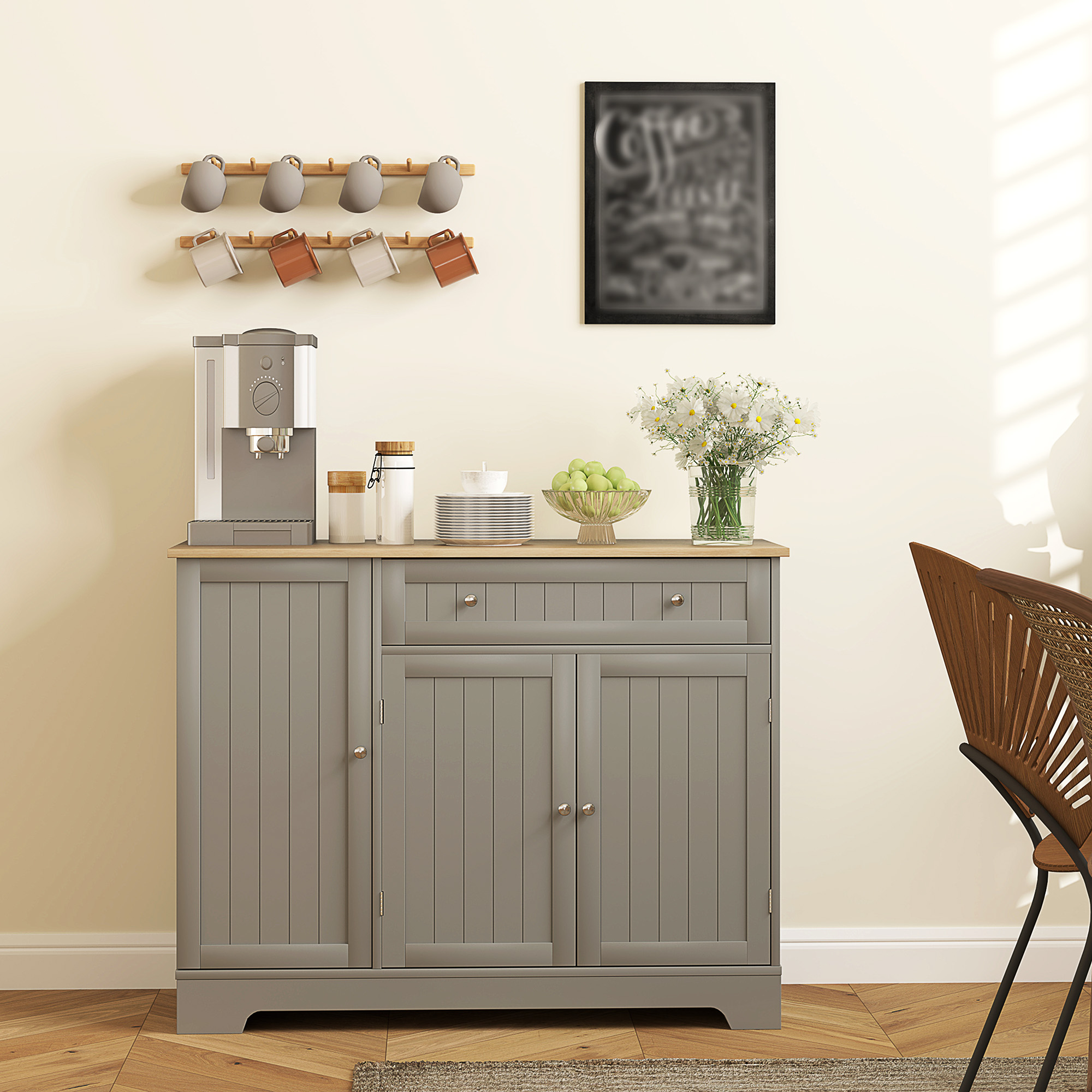 HOMCOM Buffetschrank Küche, Aufbewahrungsschrank 2 Schränke, Schublade, Türregale und höhenverstellbares Regal, 105x40x83cm, grau