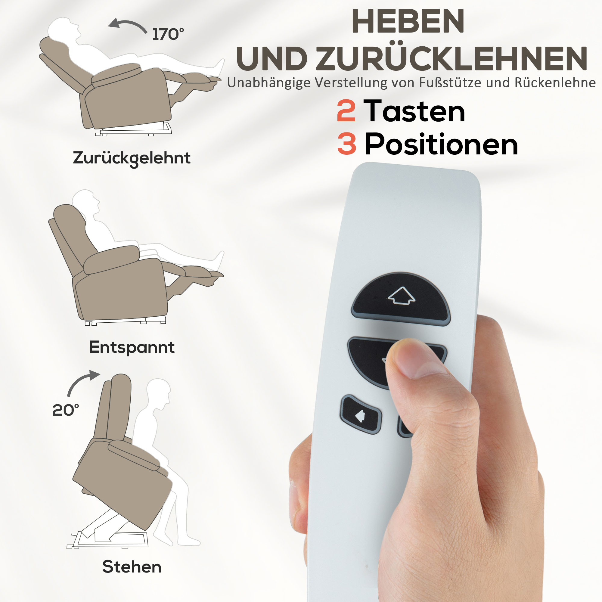 Massagestoel met Opsta-functie, 8 Vibratiemassagepunten, Elektrische Ligstoel met 2 Afstandsbedieningen Lichtbruin